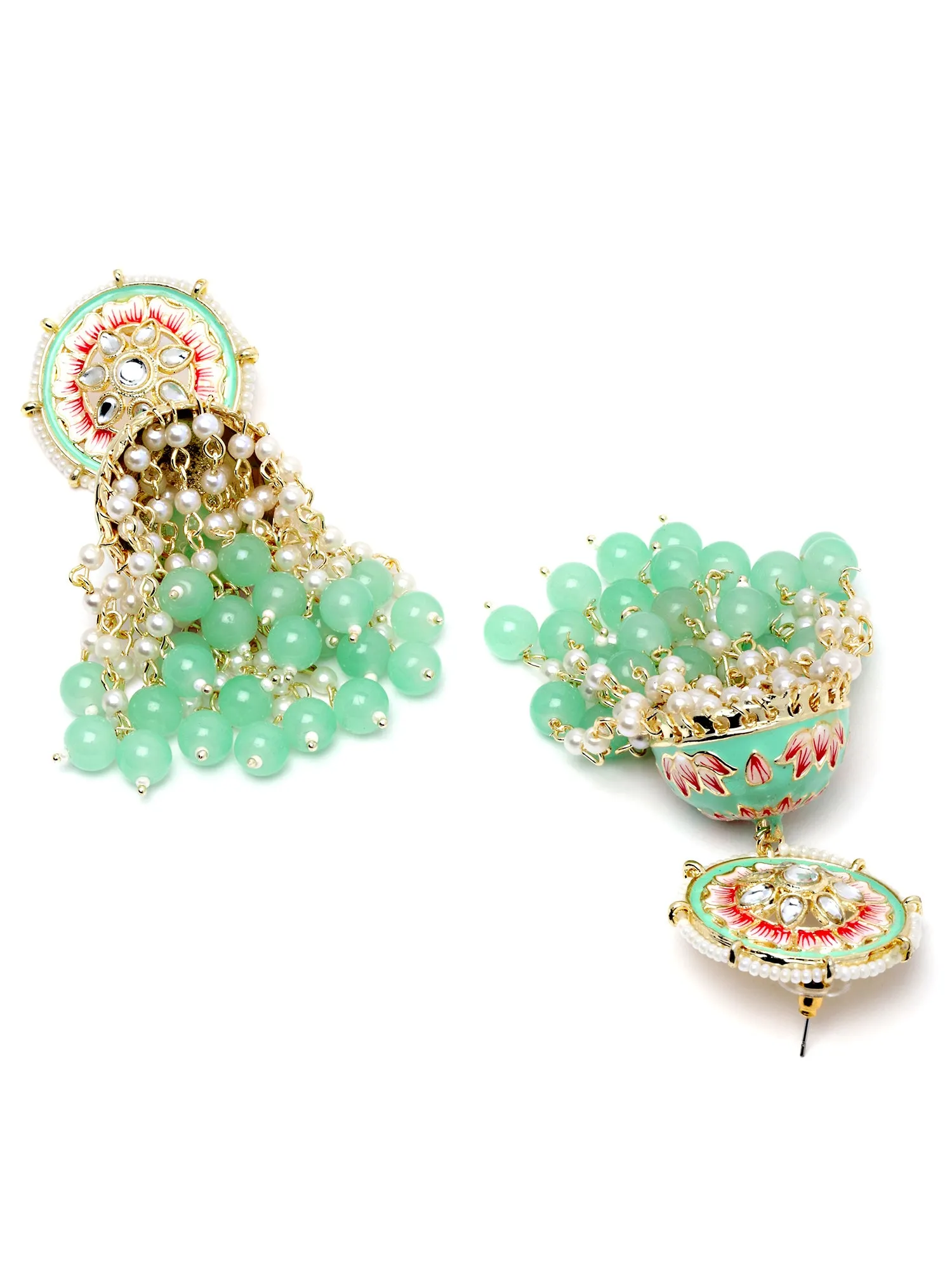 Karatcart Gold Plated Lime Green Meena and Pearl Studded Floral Kundan Jhumki Earrings for Women