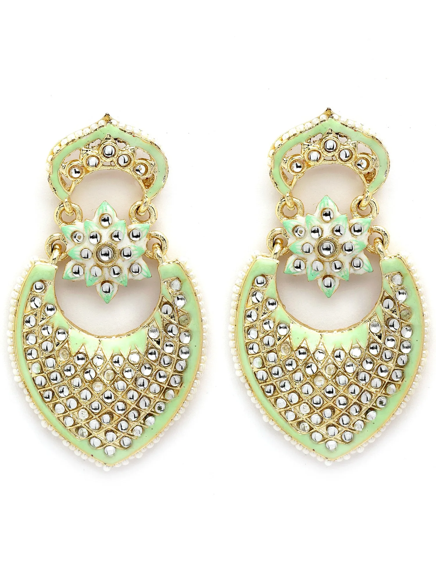 Karatcart Gold Plated Lime Green Meena Drop Shape Kundan Drop Earrings for Women