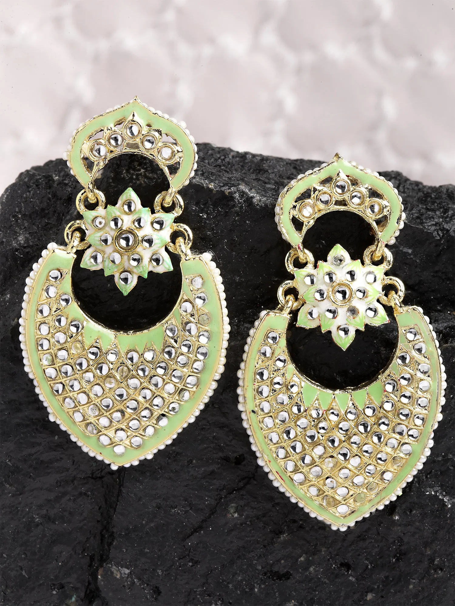Karatcart Gold Plated Lime Green Meena Drop Shape Kundan Drop Earrings for Women