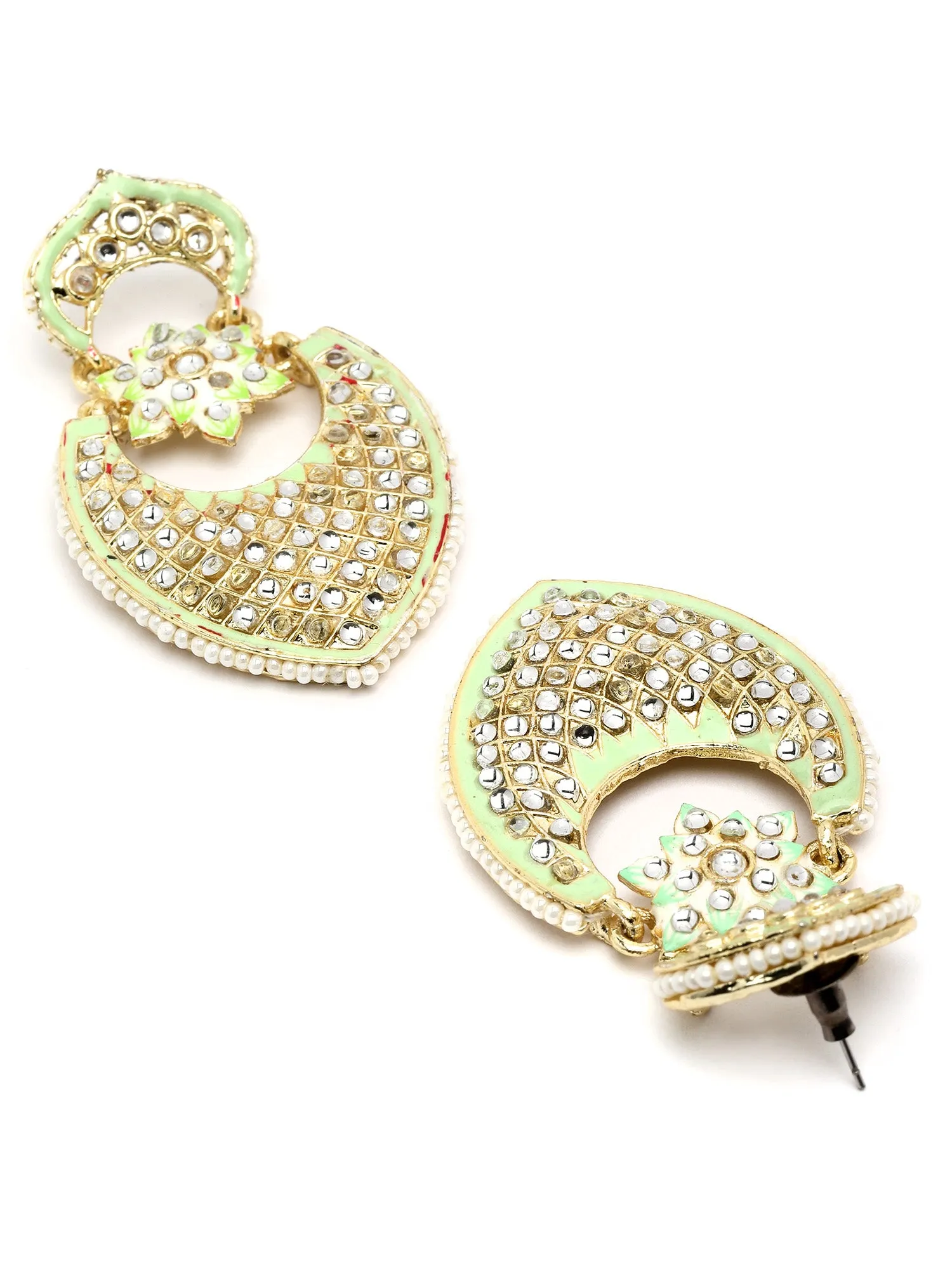 Karatcart Gold Plated Lime Green Meena Drop Shape Kundan Drop Earrings for Women