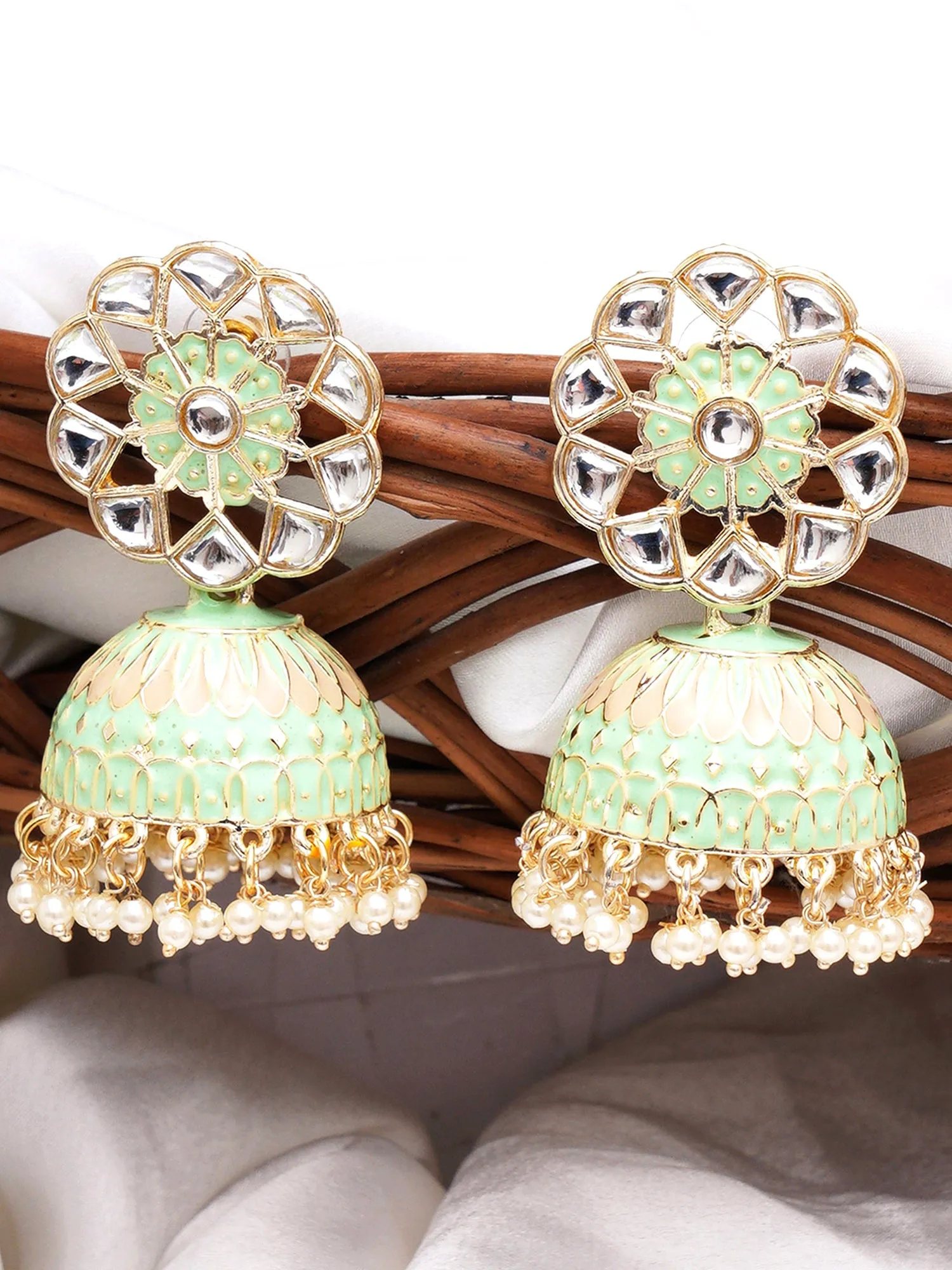 Karatcart Gold Plated Lime Green Meena Kunda Studded Jhumki Earrings for Women