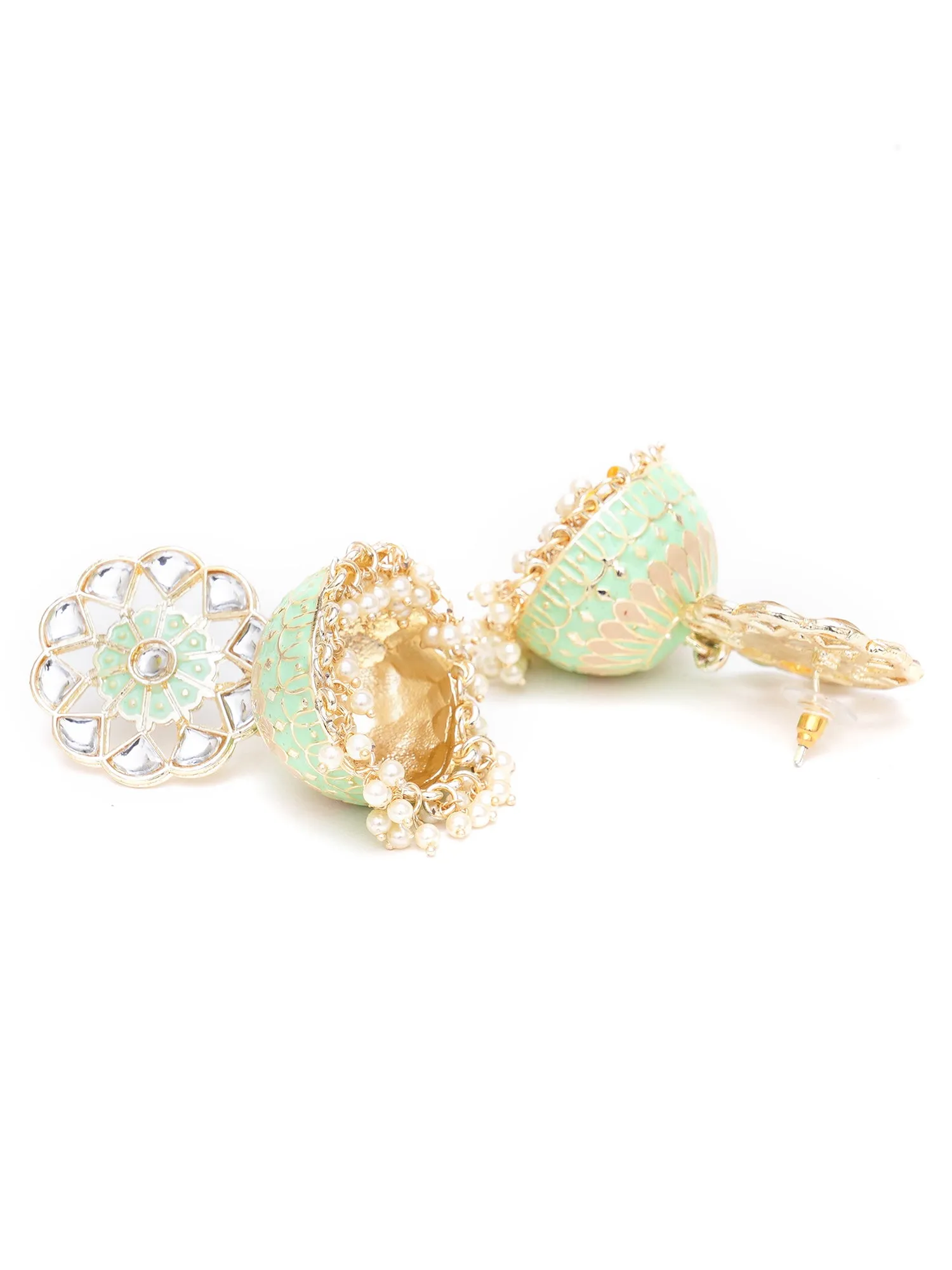 Karatcart Gold Plated Lime Green Meena Kunda Studded Jhumki Earrings for Women