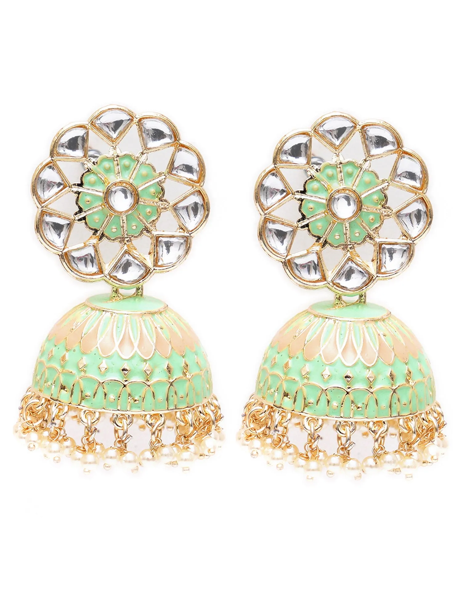 Karatcart Gold Plated Lime Green Meena Kunda Studded Jhumki Earrings for Women