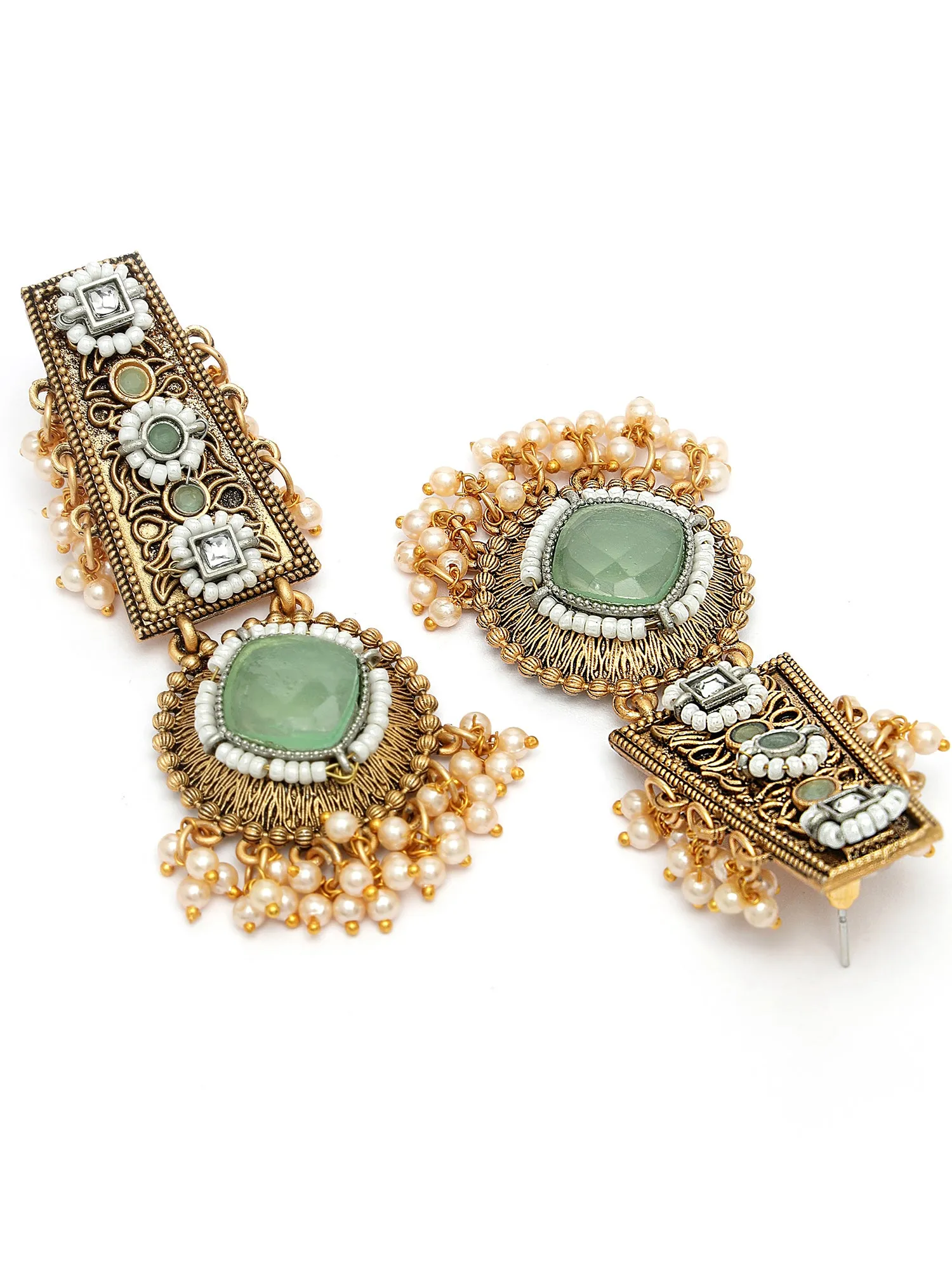 Karatcart Gold Plated Lime Green Stone Floral Design Kundan Drop Earrings for Women