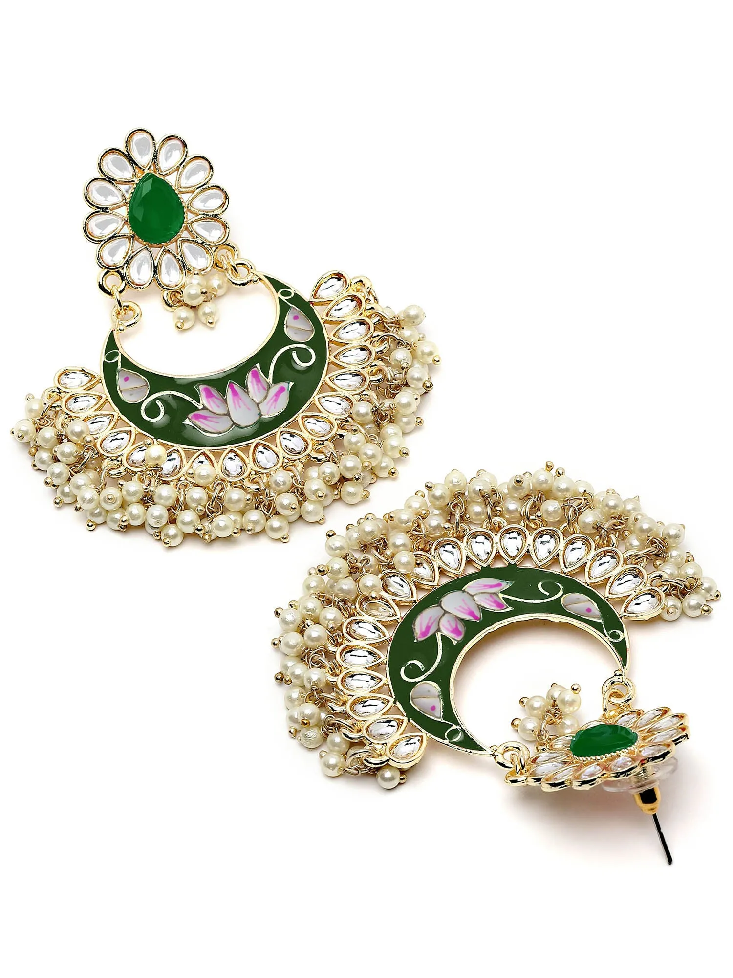 Karatcart Gold Plated Lotus Design Green Meena Kundan Dangler Earrings for Women
