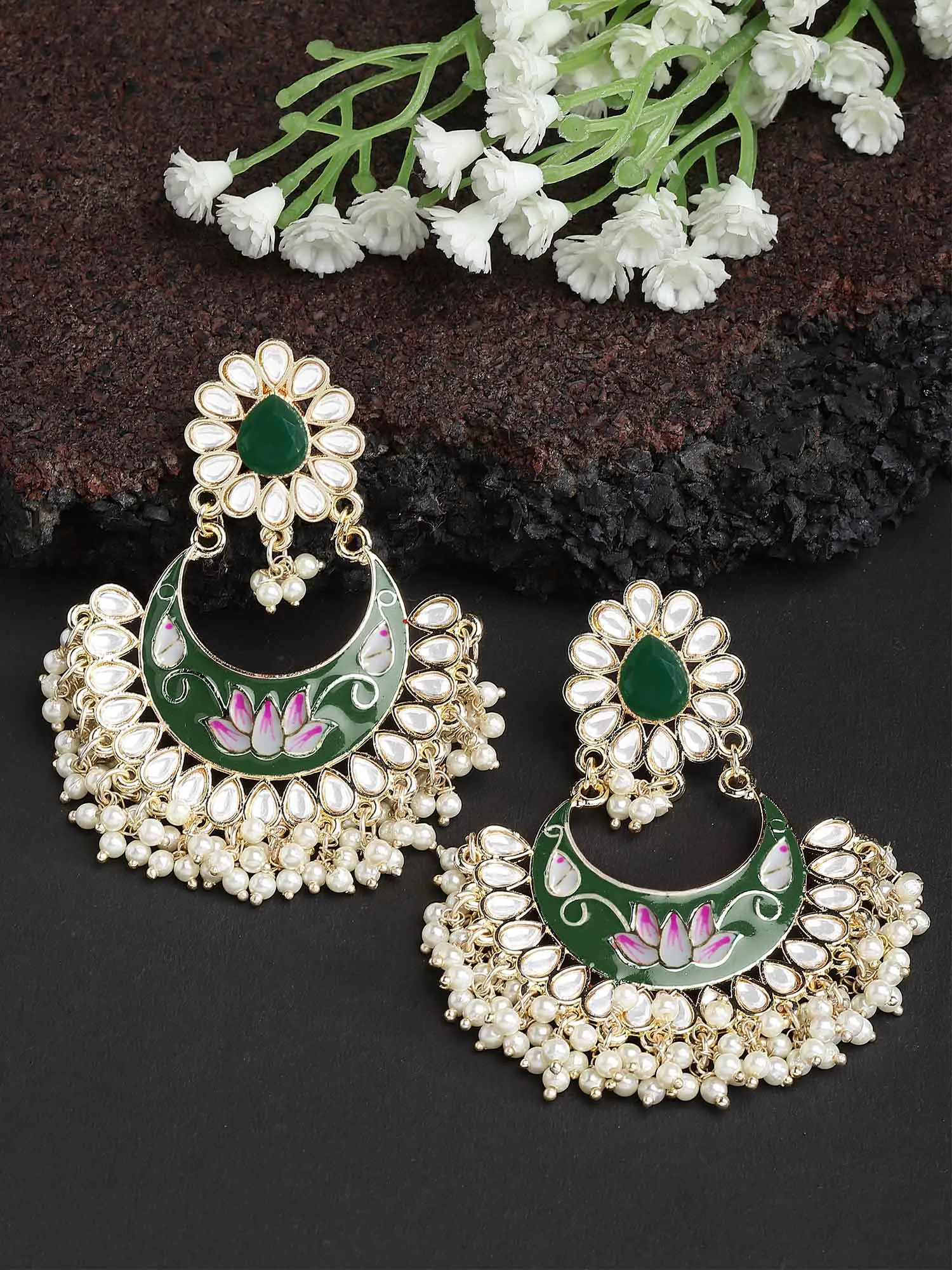 Karatcart Gold Plated Lotus Design Green Meena Kundan Dangler Earrings for Women
