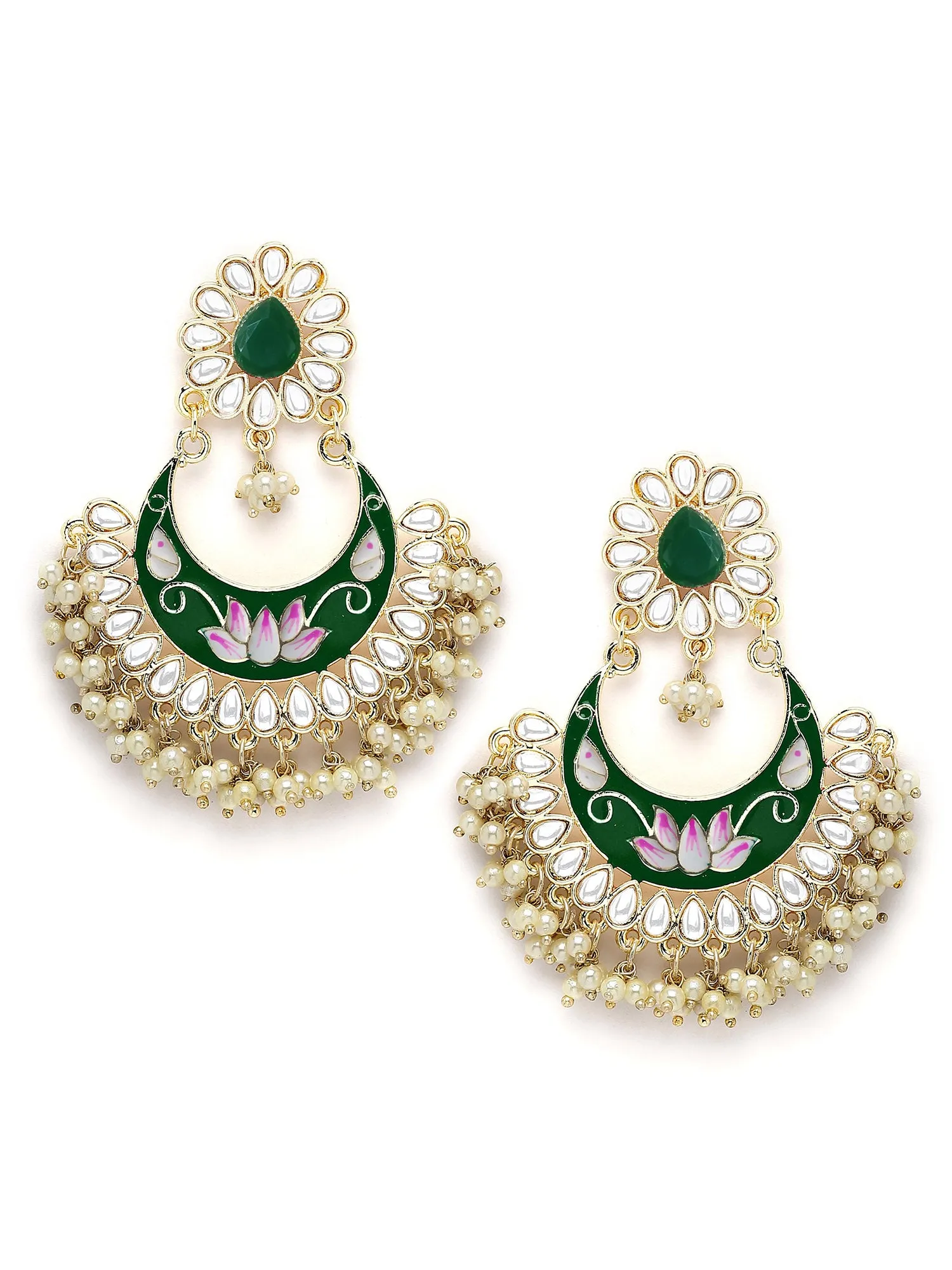 Karatcart Gold Plated Lotus Design Green Meena Kundan Dangler Earrings for Women