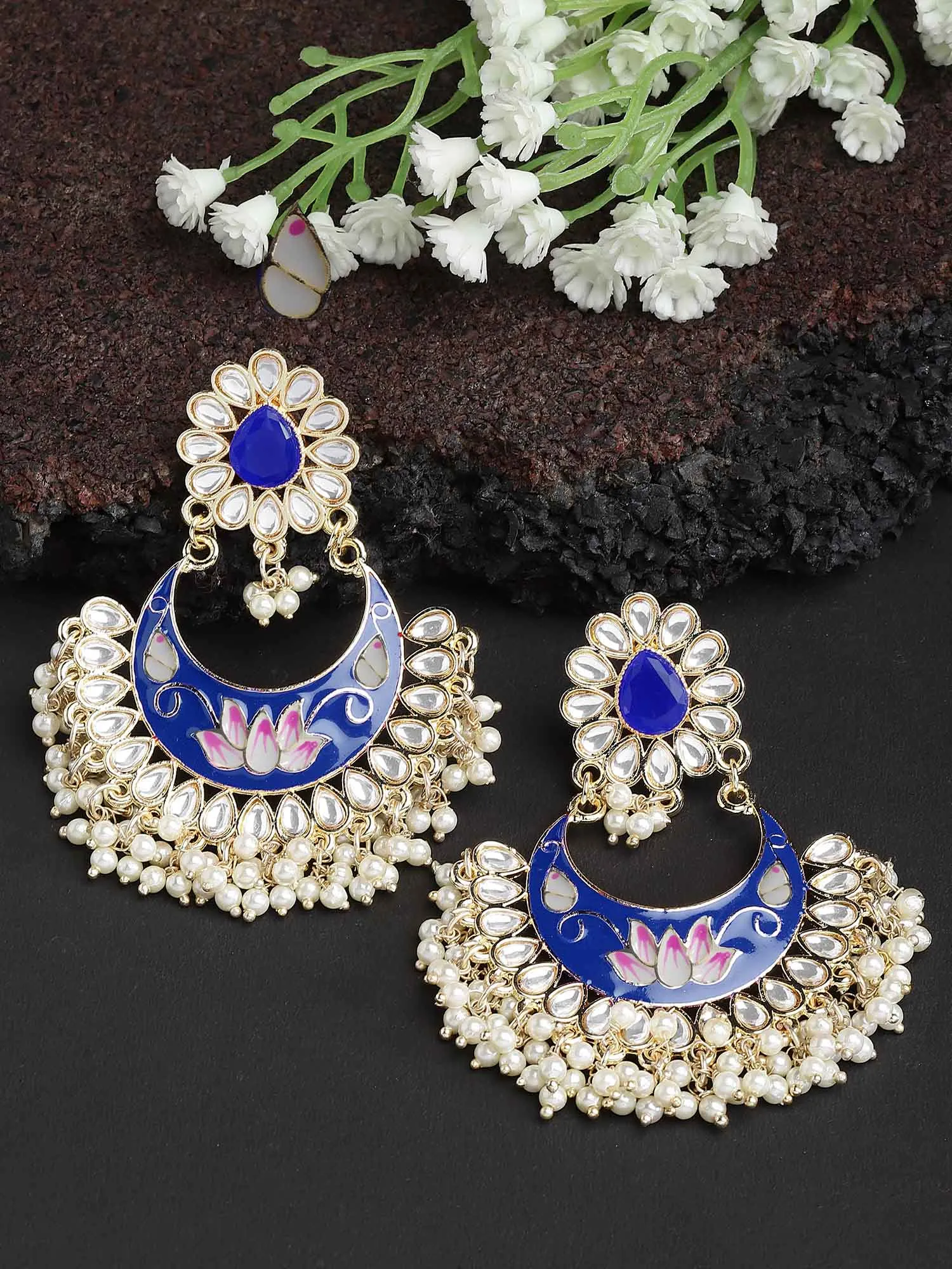 Karatcart Gold Plated Lotus Design Royal Blue Meena Kundan Dangler Earrings for Women