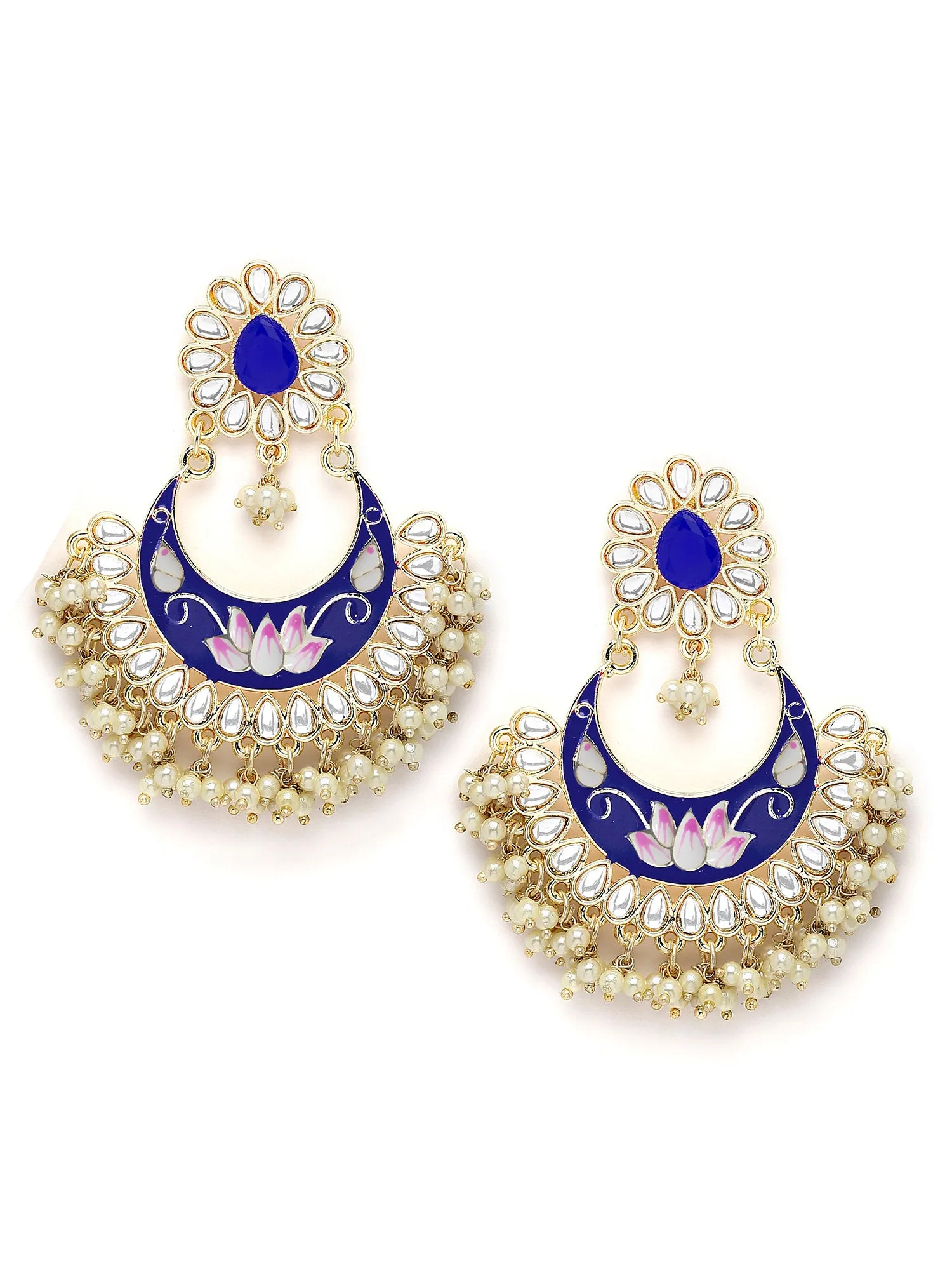 Karatcart Gold Plated Lotus Design Royal Blue Meena Kundan Dangler Earrings for Women