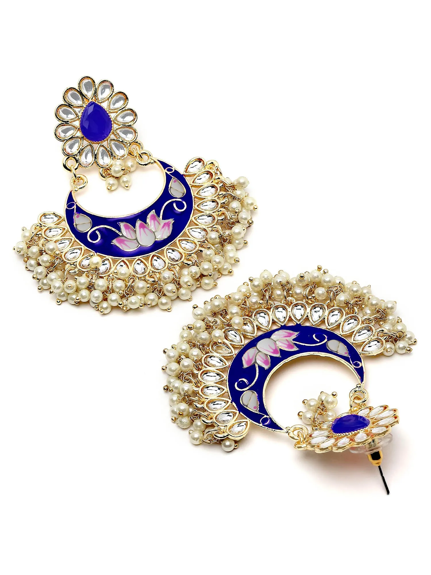Karatcart Gold Plated Lotus Design Royal Blue Meena Kundan Dangler Earrings for Women