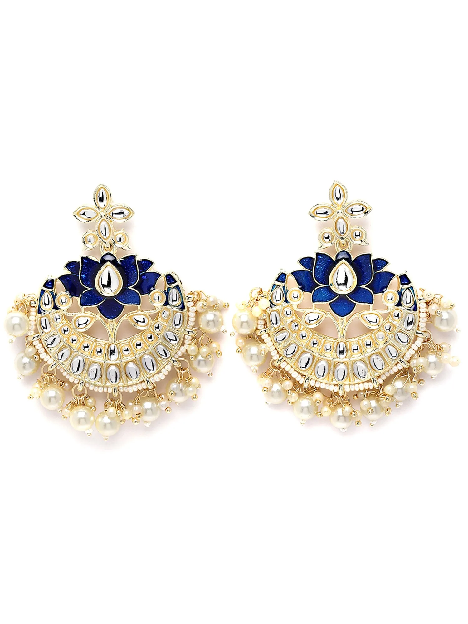 Karatcart Gold Plated Lotus Shape Blue Meena Kundan Studded Chandbali Earrings for Women