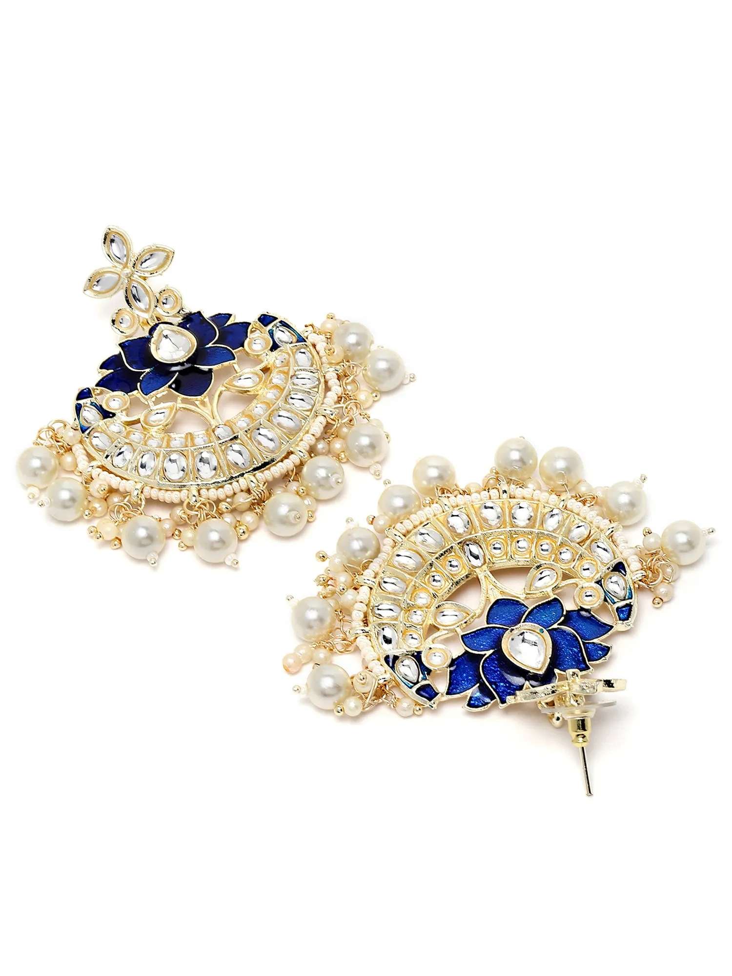 Karatcart Gold Plated Lotus Shape Blue Meena Kundan Studded Chandbali Earrings for Women