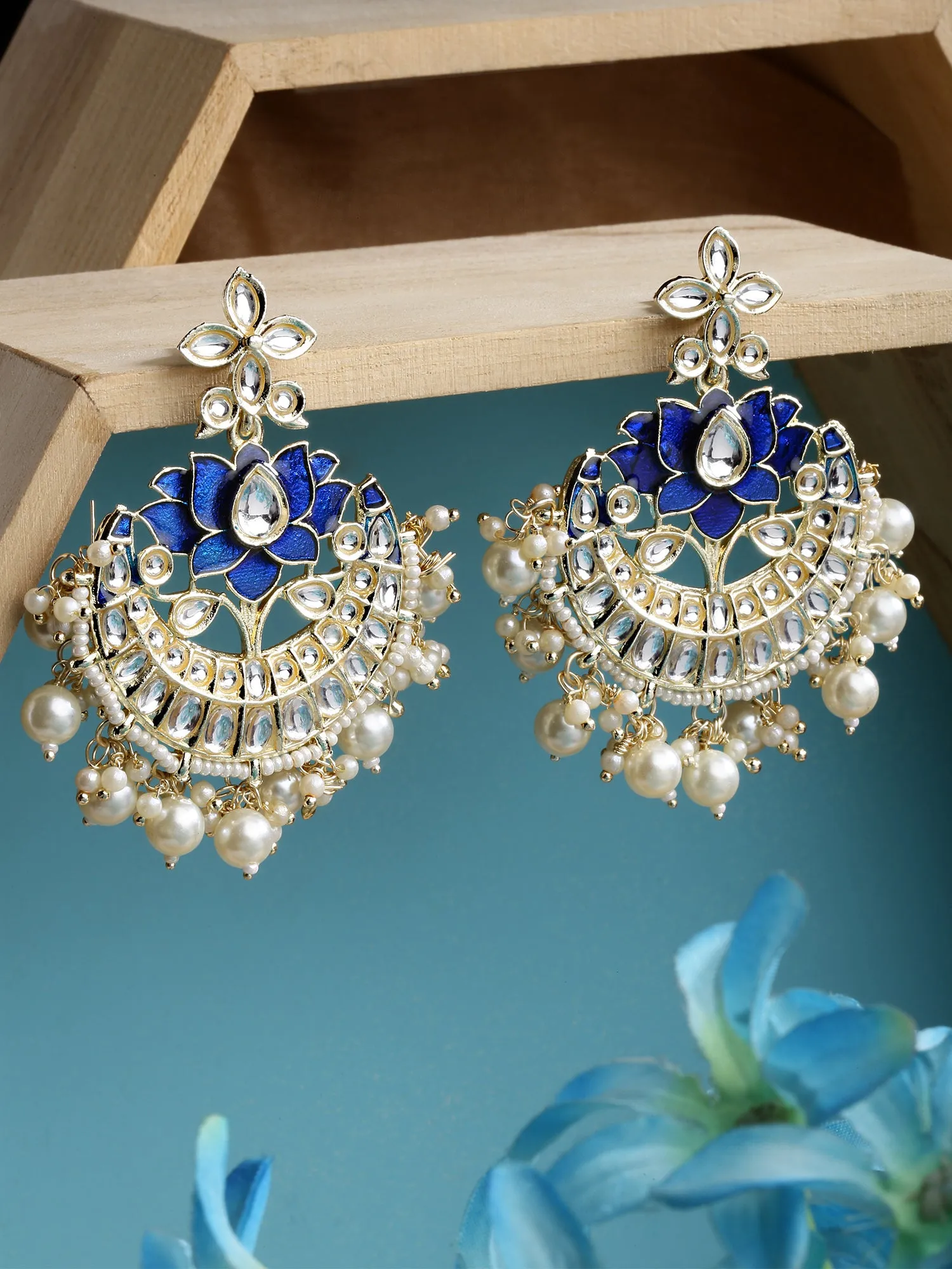 Karatcart Gold Plated Lotus Shape Blue Meena Kundan Studded Chandbali Earrings for Women