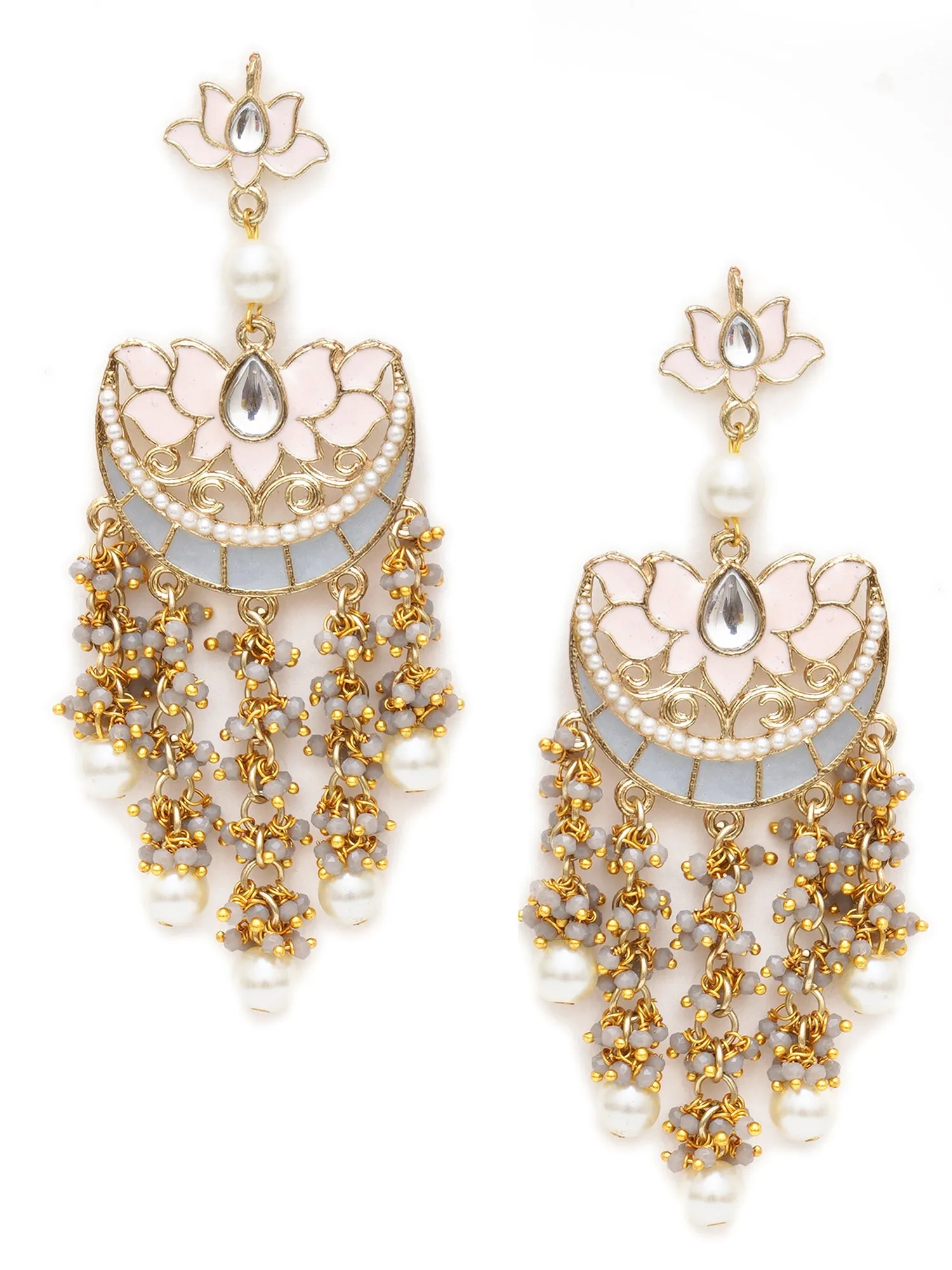Karatcart Gold Plated Lotus Shape Grey Meena Kundan Dangler Earrings for Women