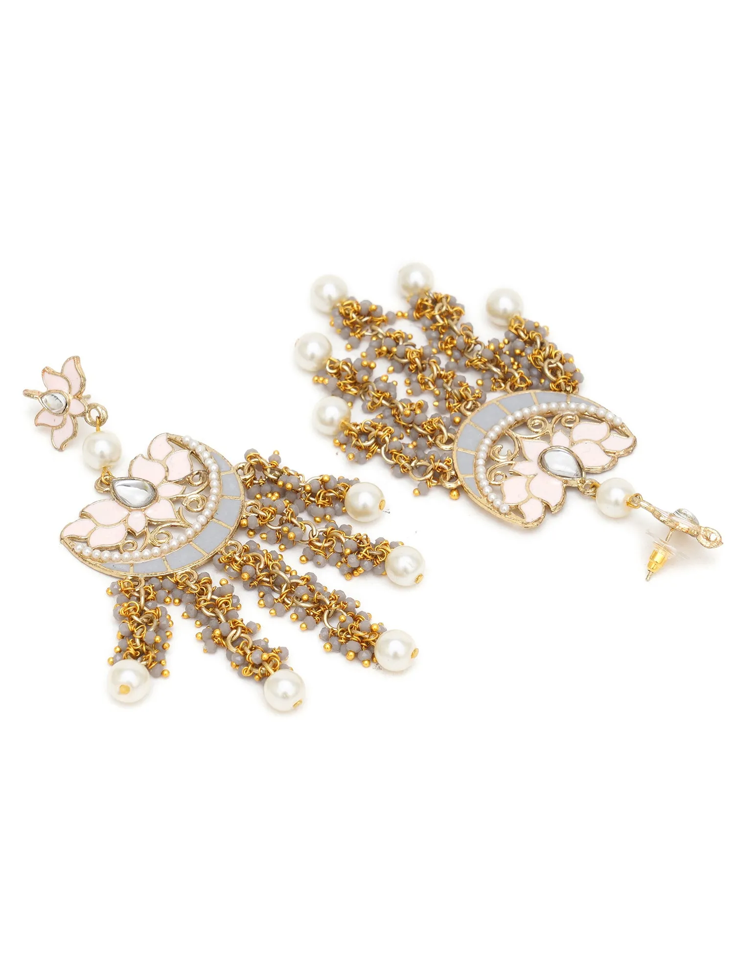Karatcart Gold Plated Lotus Shape Grey Meena Kundan Dangler Earrings for Women