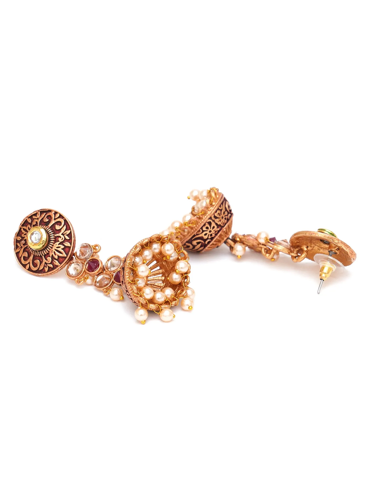Karatcart Gold Plated Maroon Meena and Pearl Studded Jhumki Earrings for Women