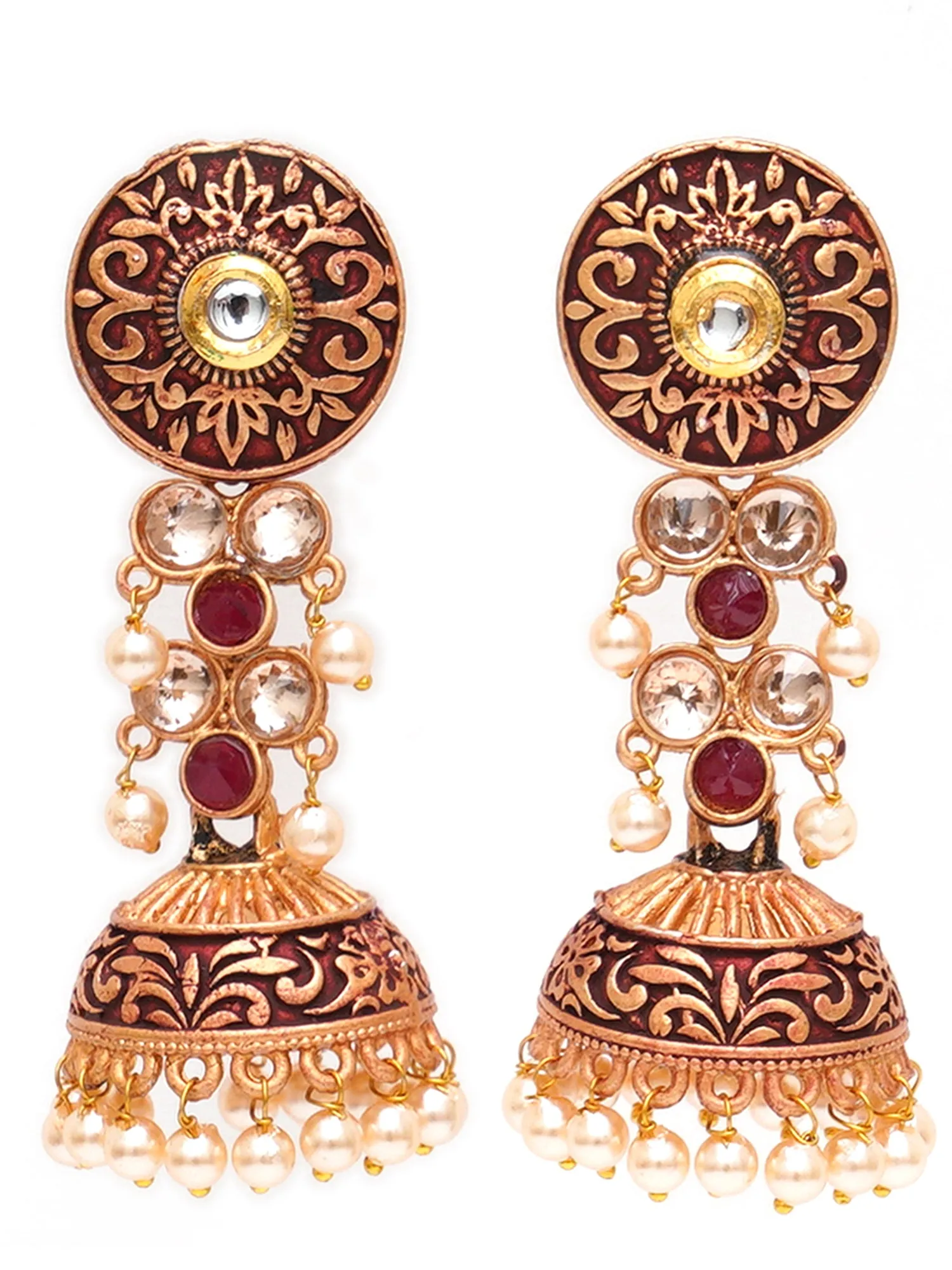Karatcart Gold Plated Maroon Meena and Pearl Studded Jhumki Earrings for Women