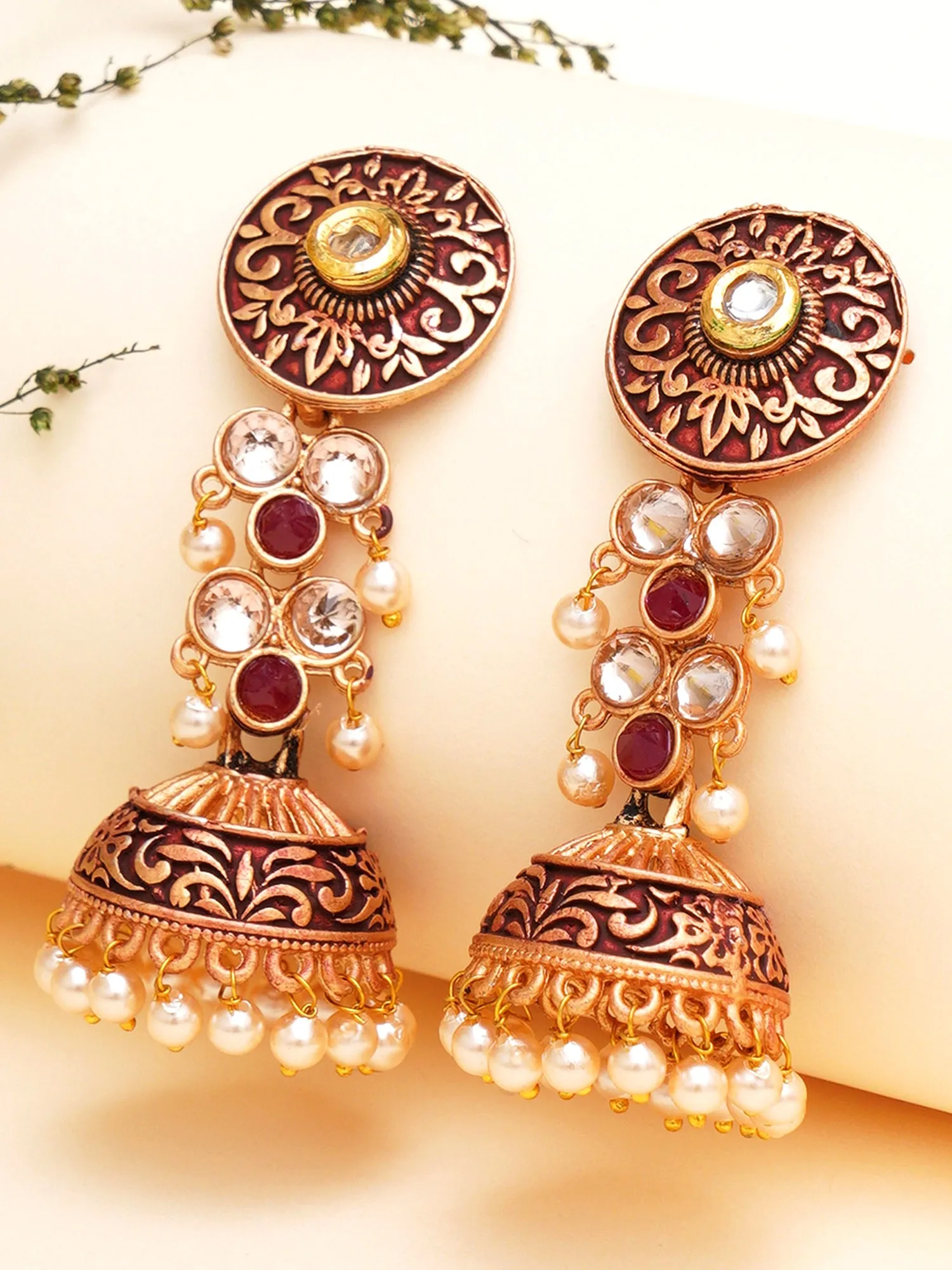 Karatcart Gold Plated Maroon Meena and Pearl Studded Jhumki Earrings for Women