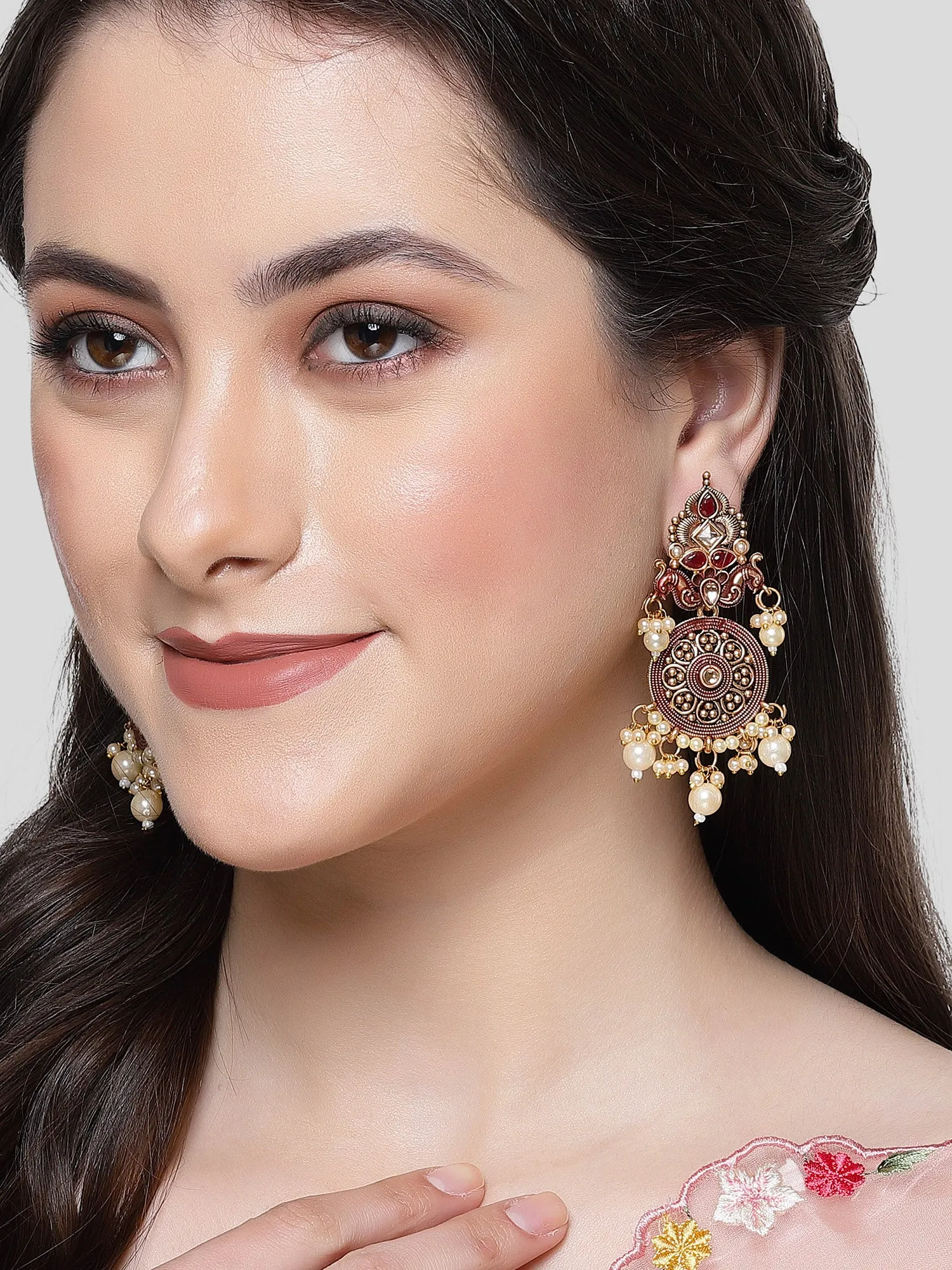 Karatcart Gold Plated Maroon Meena Kundan Dangler Earrings for Women