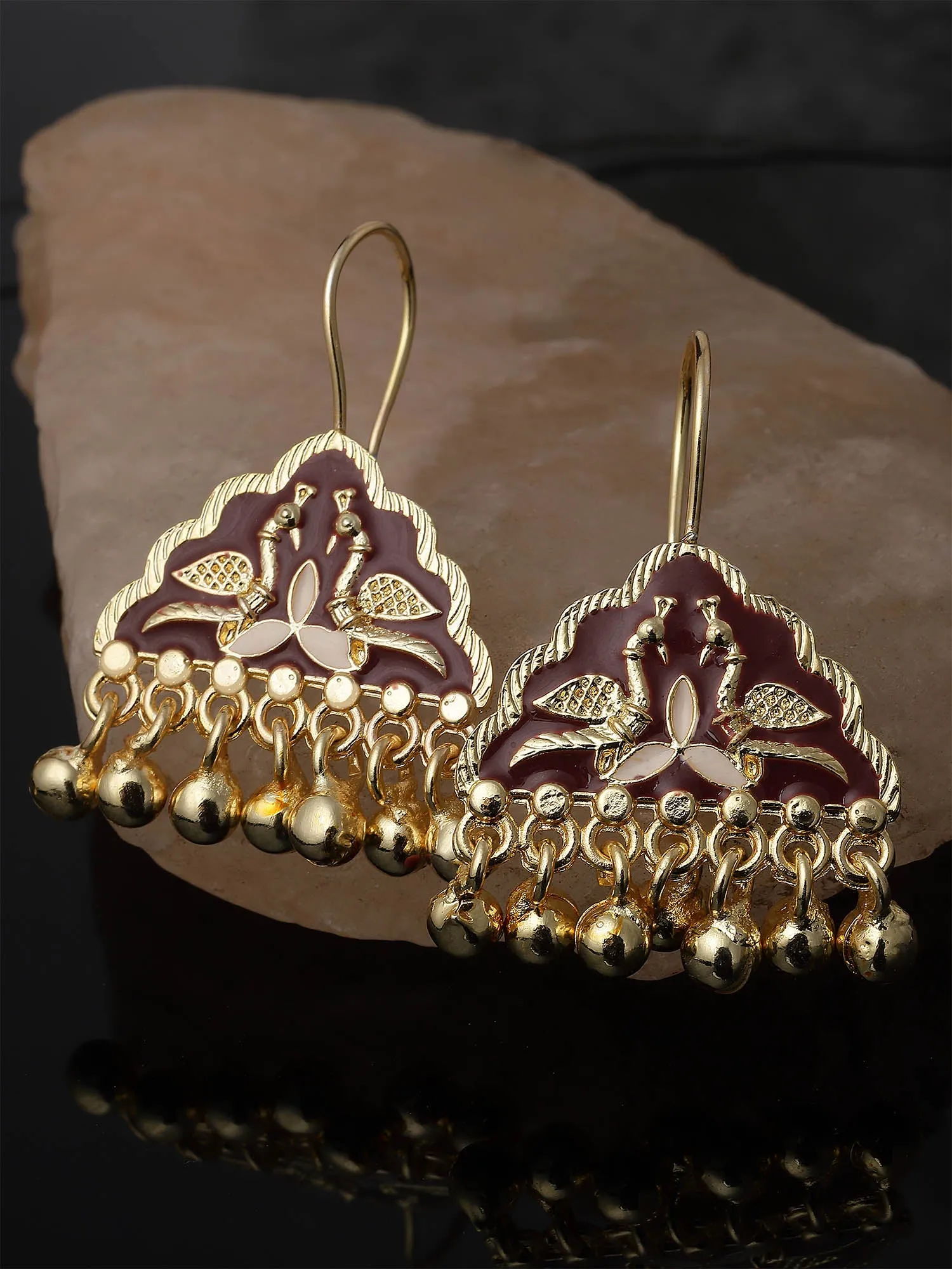 Karatcart Gold Plated Maroon Meena Peacock Design Drop Earring for Women