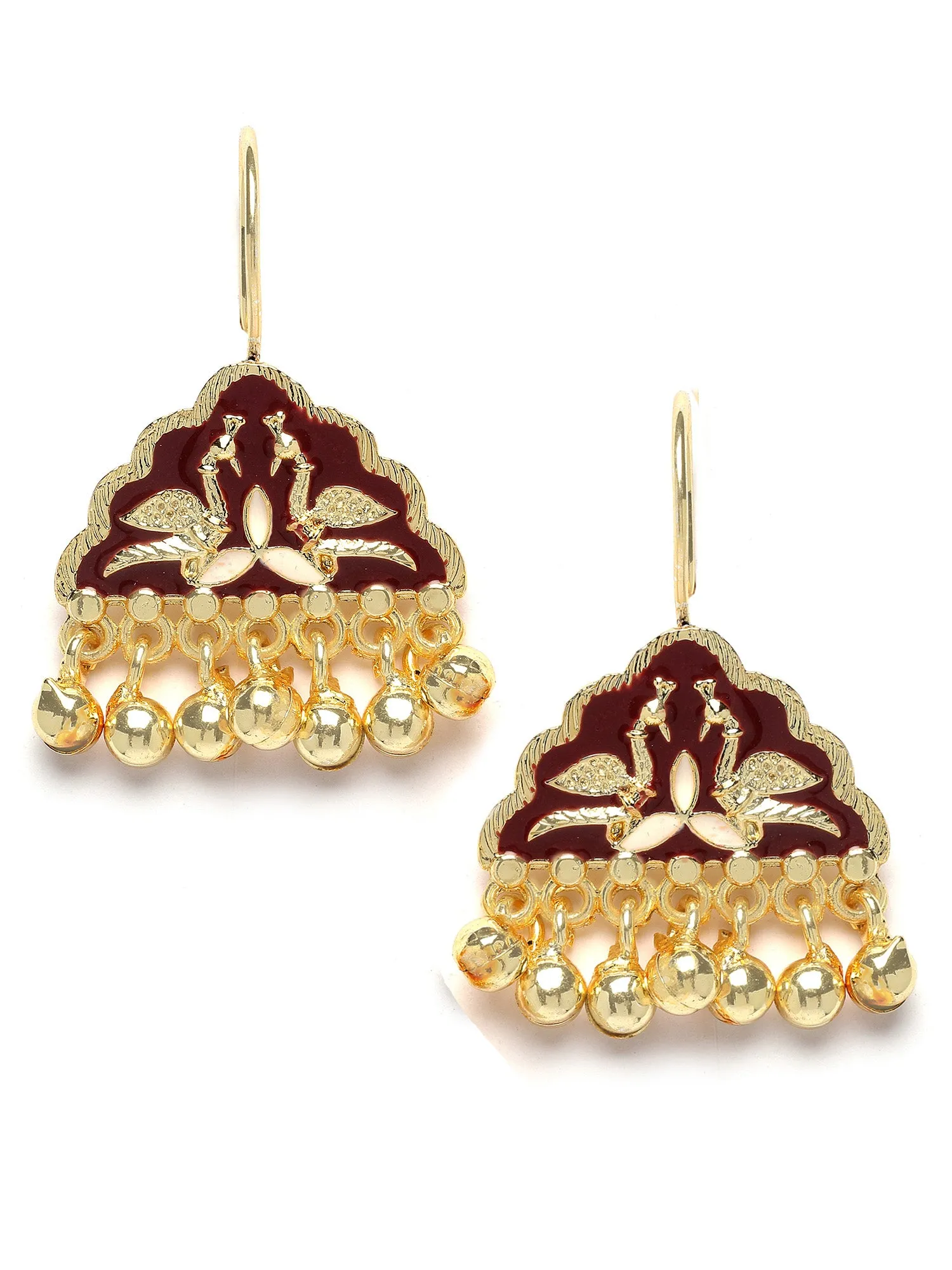 Karatcart Gold Plated Maroon Meena Peacock Design Drop Earring for Women