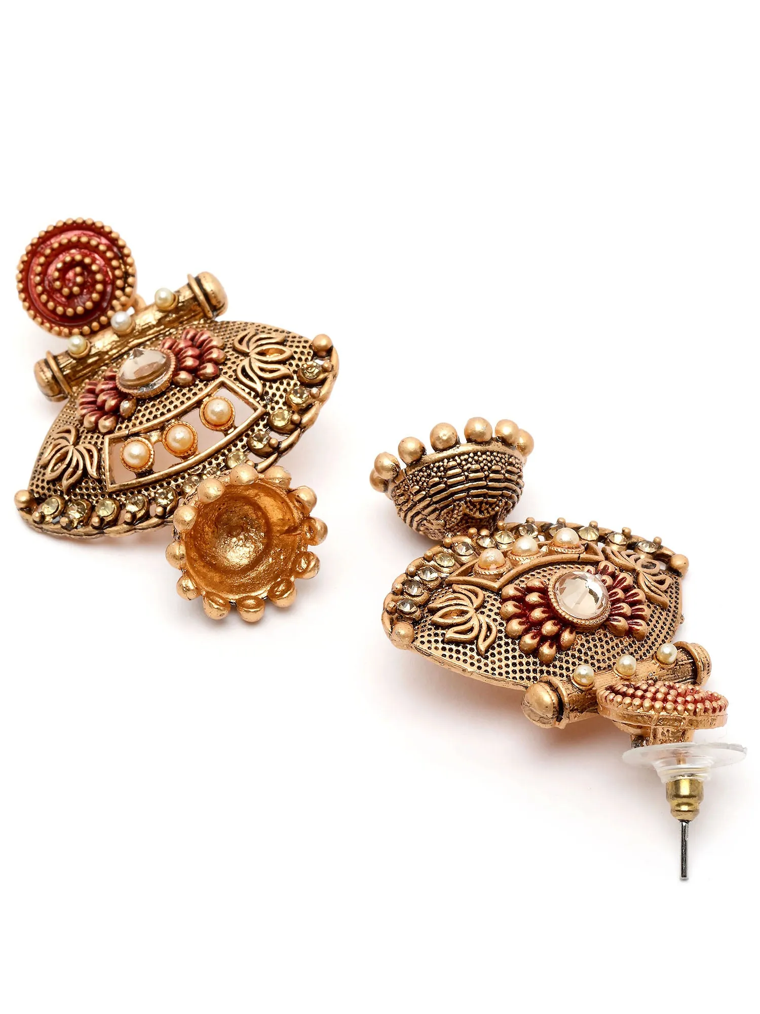 Karatcart Gold Plated Maroon Meena Pearl Kundan Drop Jhumki Earrings for Women