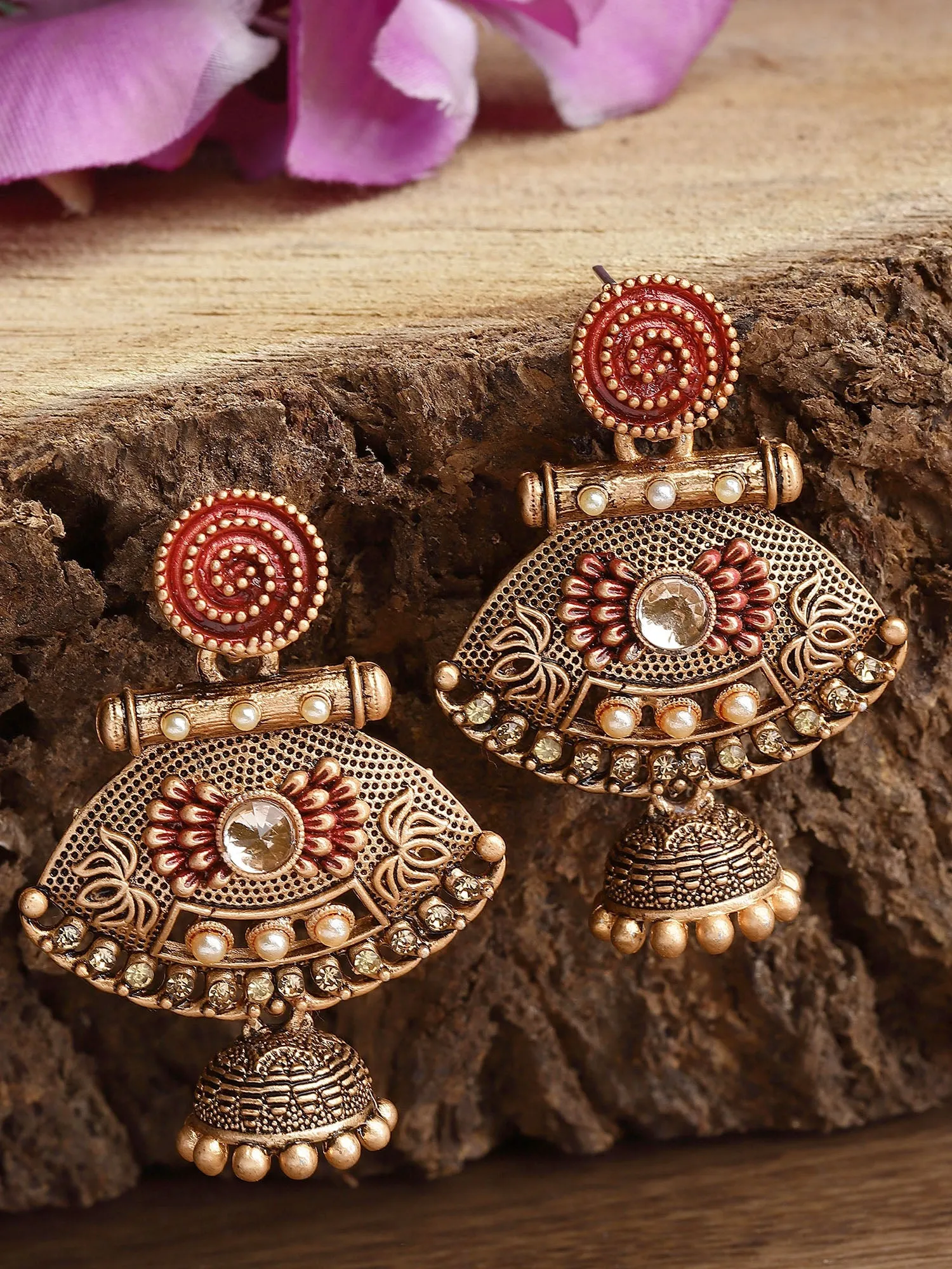 Karatcart Gold Plated Maroon Meena Pearl Kundan Drop Jhumki Earrings for Women