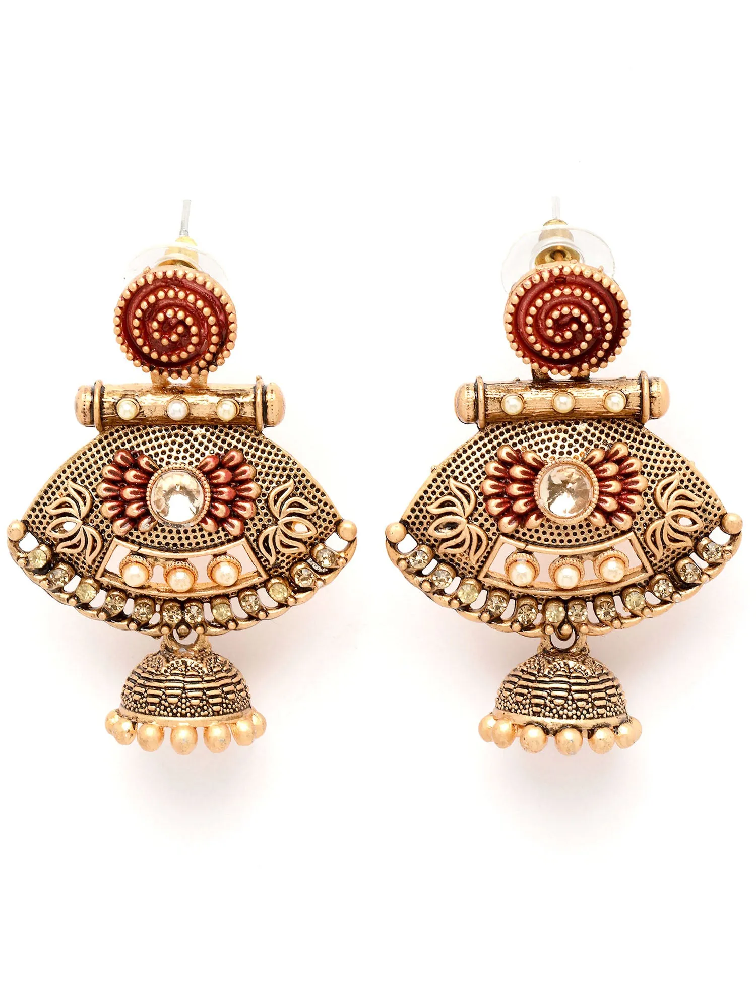 Karatcart Gold Plated Maroon Meena Pearl Kundan Drop Jhumki Earrings for Women