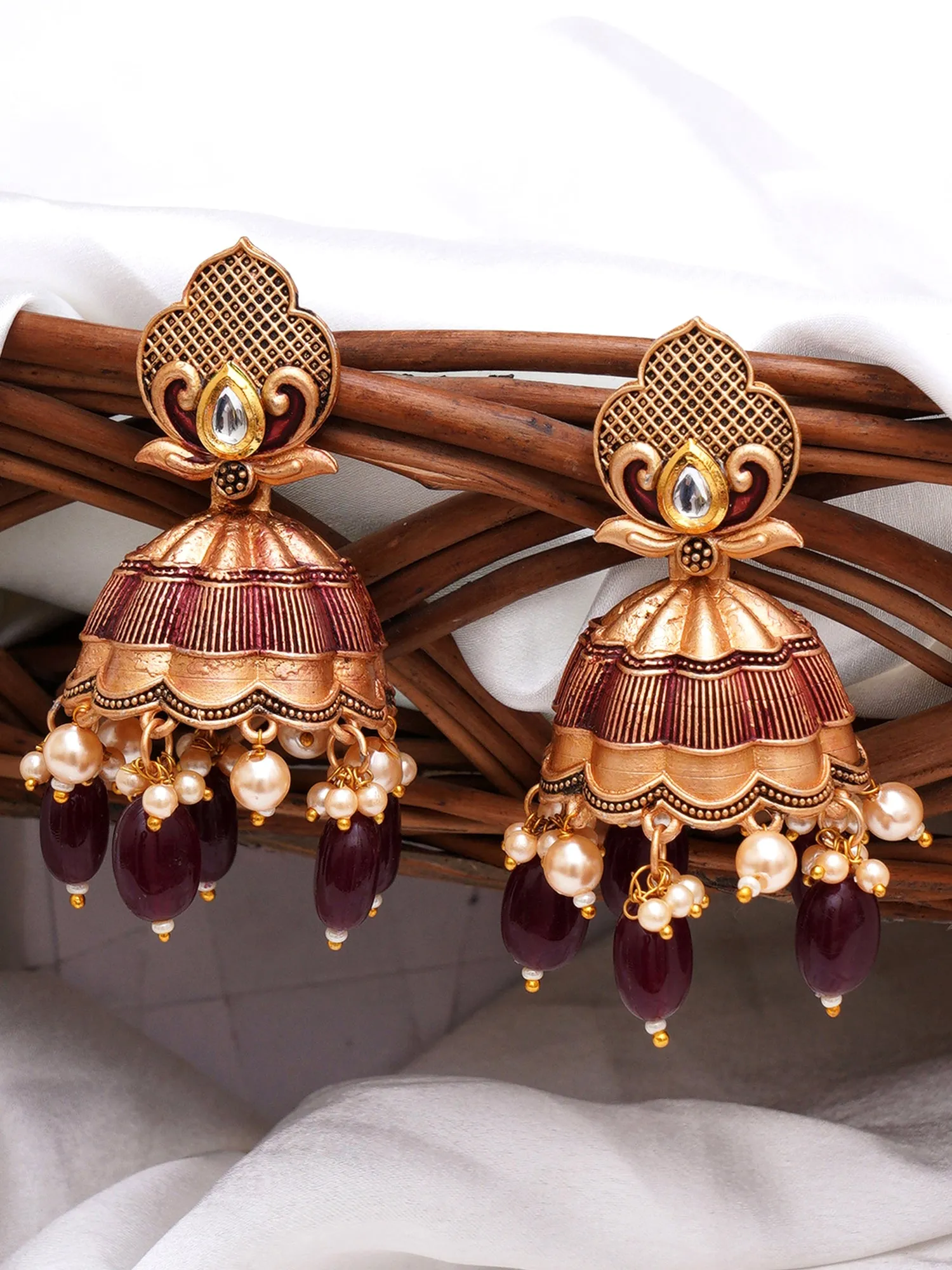 Karatcart Gold Plated Maroon Tumble and Golden Pearl Studded Jhumki Earrings for Women