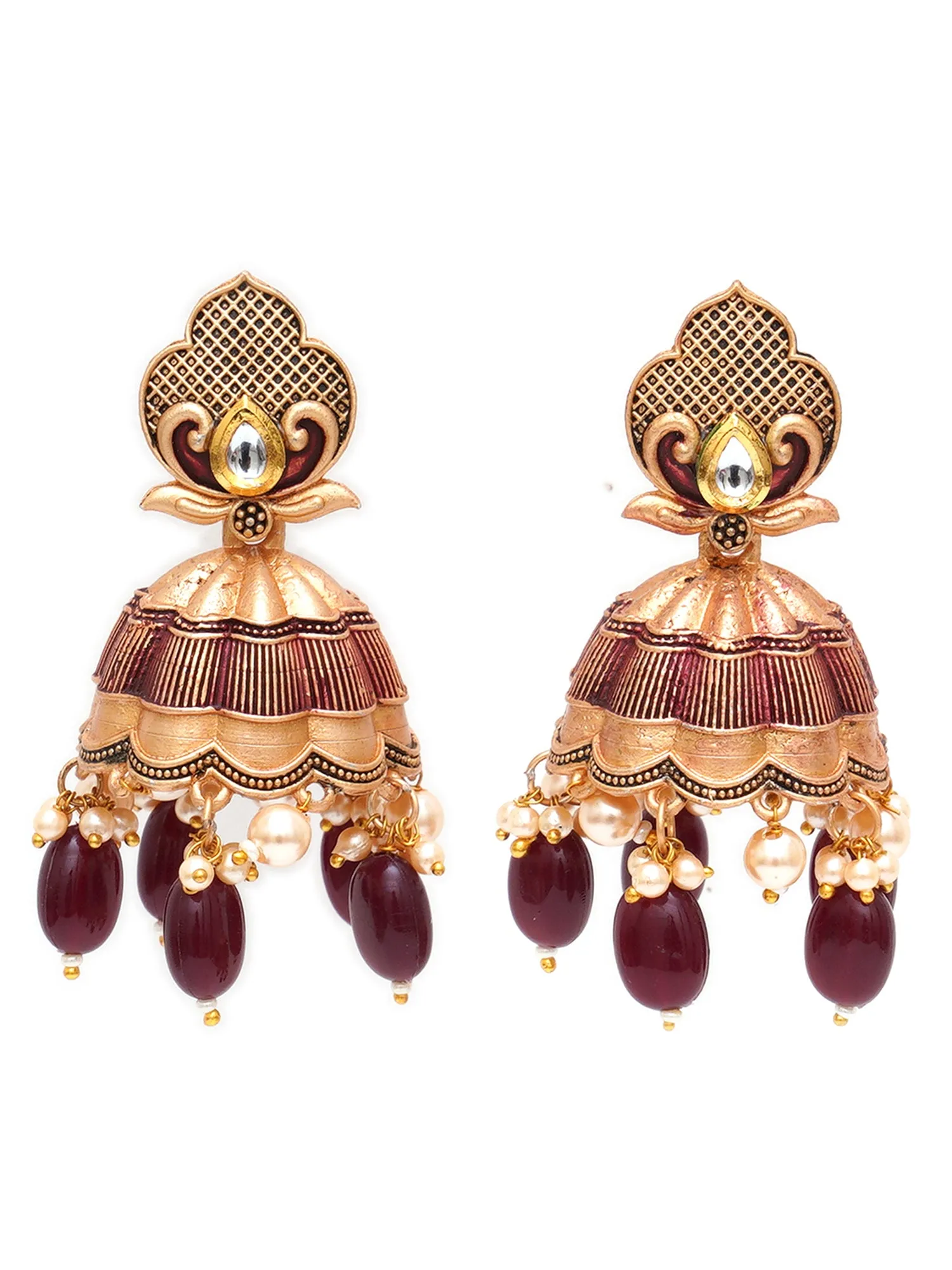 Karatcart Gold Plated Maroon Tumble and Golden Pearl Studded Jhumki Earrings for Women