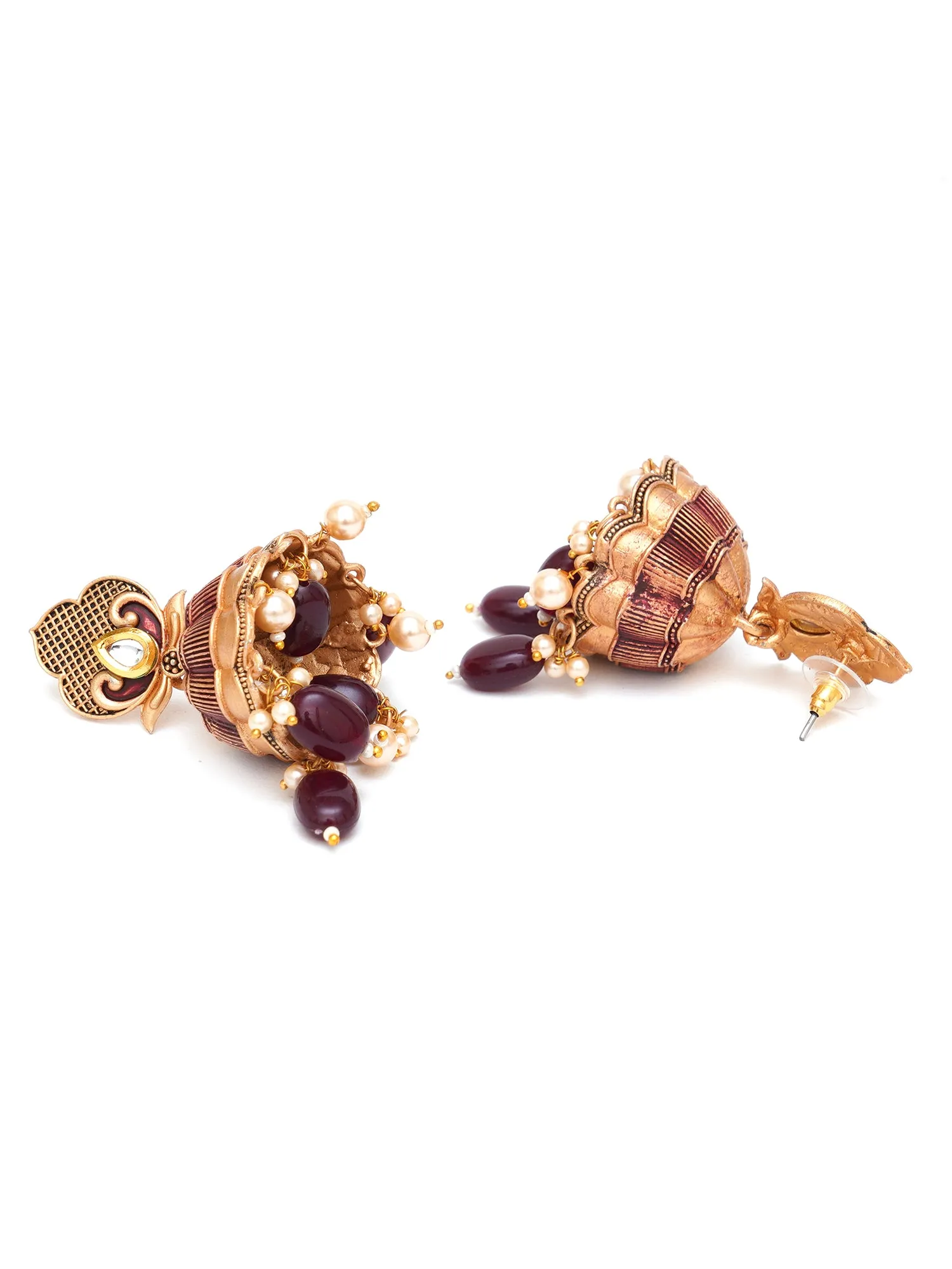 Karatcart Gold Plated Maroon Tumble and Golden Pearl Studded Jhumki Earrings for Women