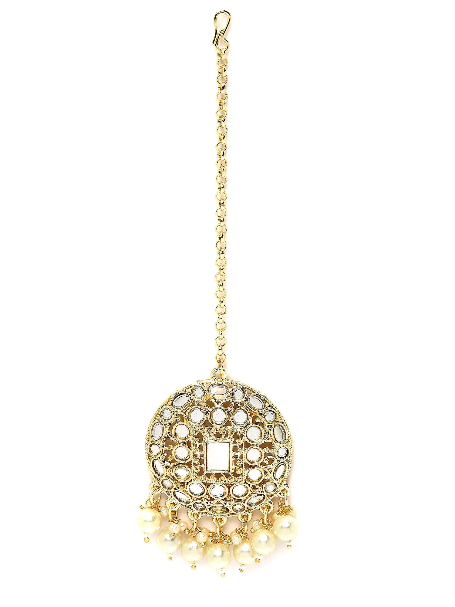 Karatcart Gold Plated Mirror and Pearl Studded Round Jhumki Earring and Maangtikka Set