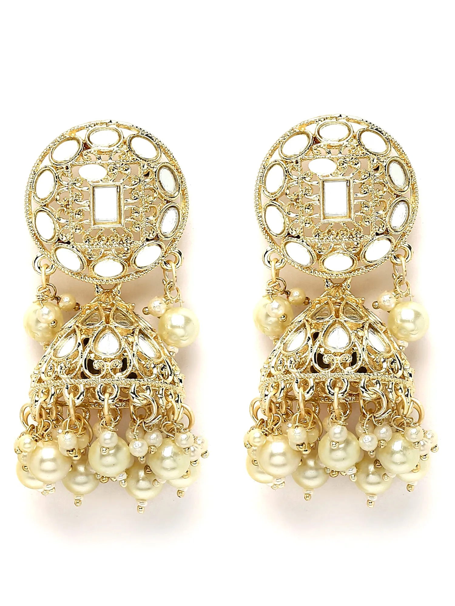 Karatcart Gold Plated Mirror and Pearl Studded Round Jhumki Earring and Maangtikka Set