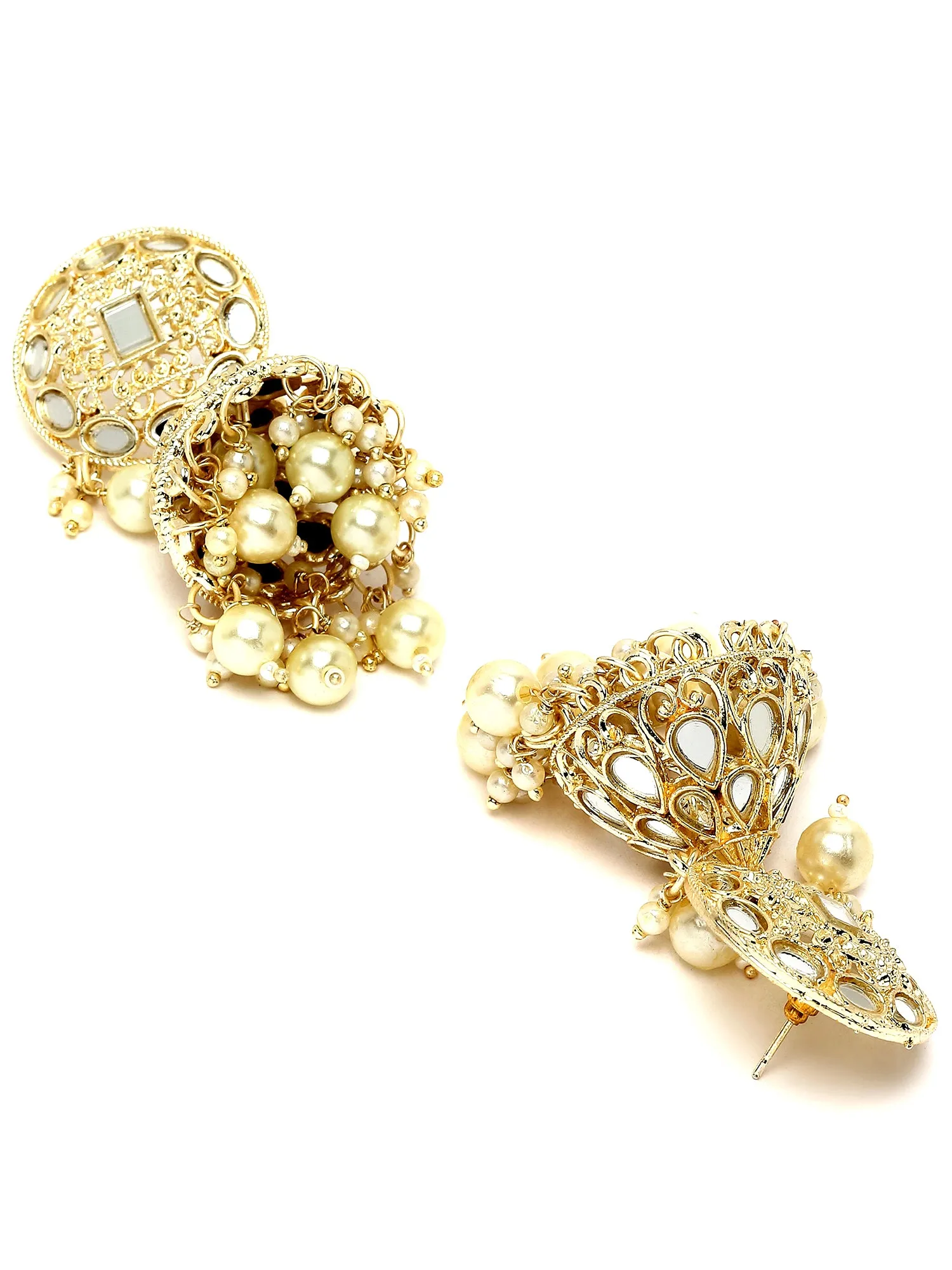 Karatcart Gold Plated Mirror and Pearl Studded Round Jhumki Earring and Maangtikka Set