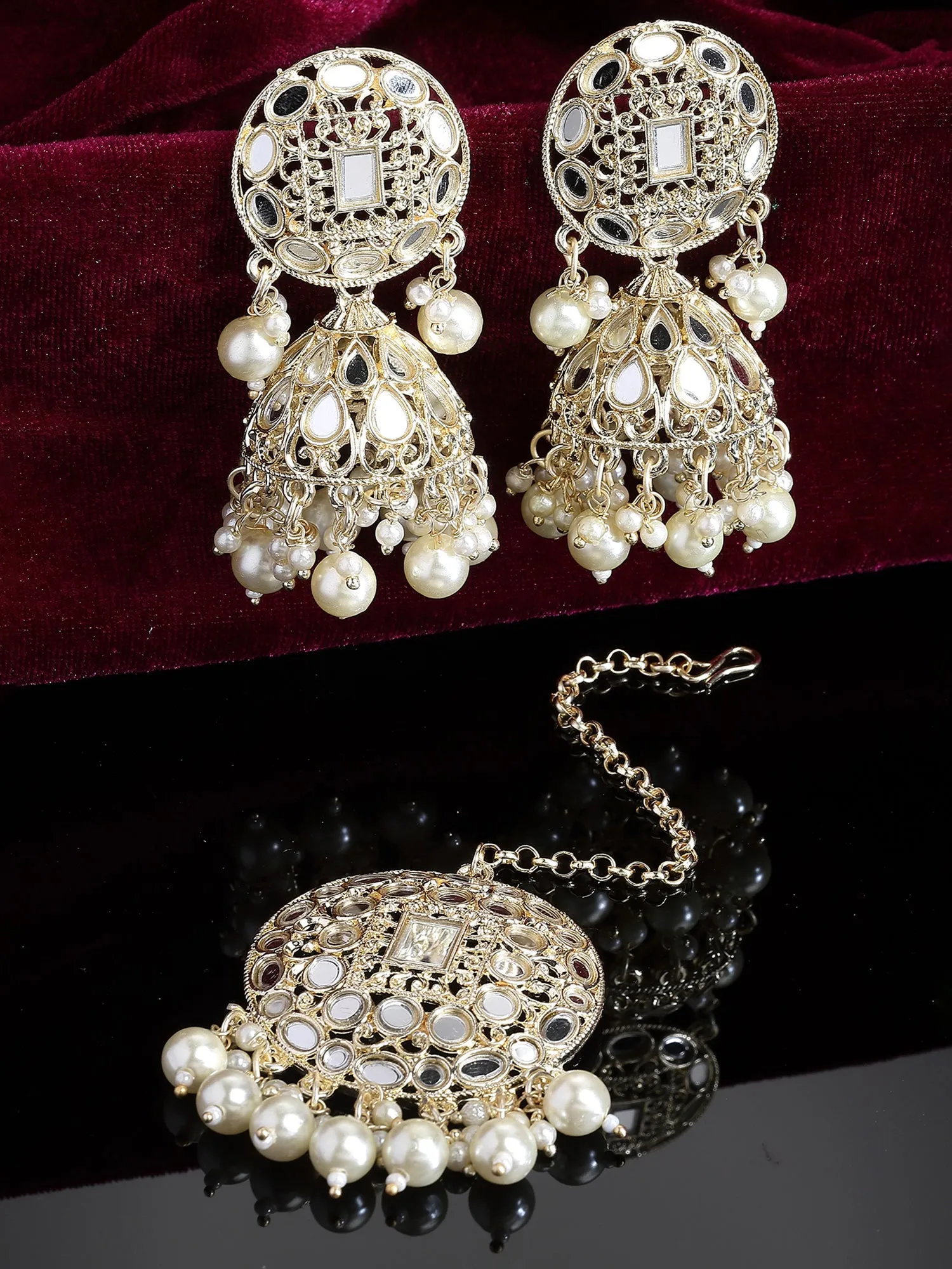 Karatcart Gold Plated Mirror and Pearl Studded Round Jhumki Earring and Maangtikka Set