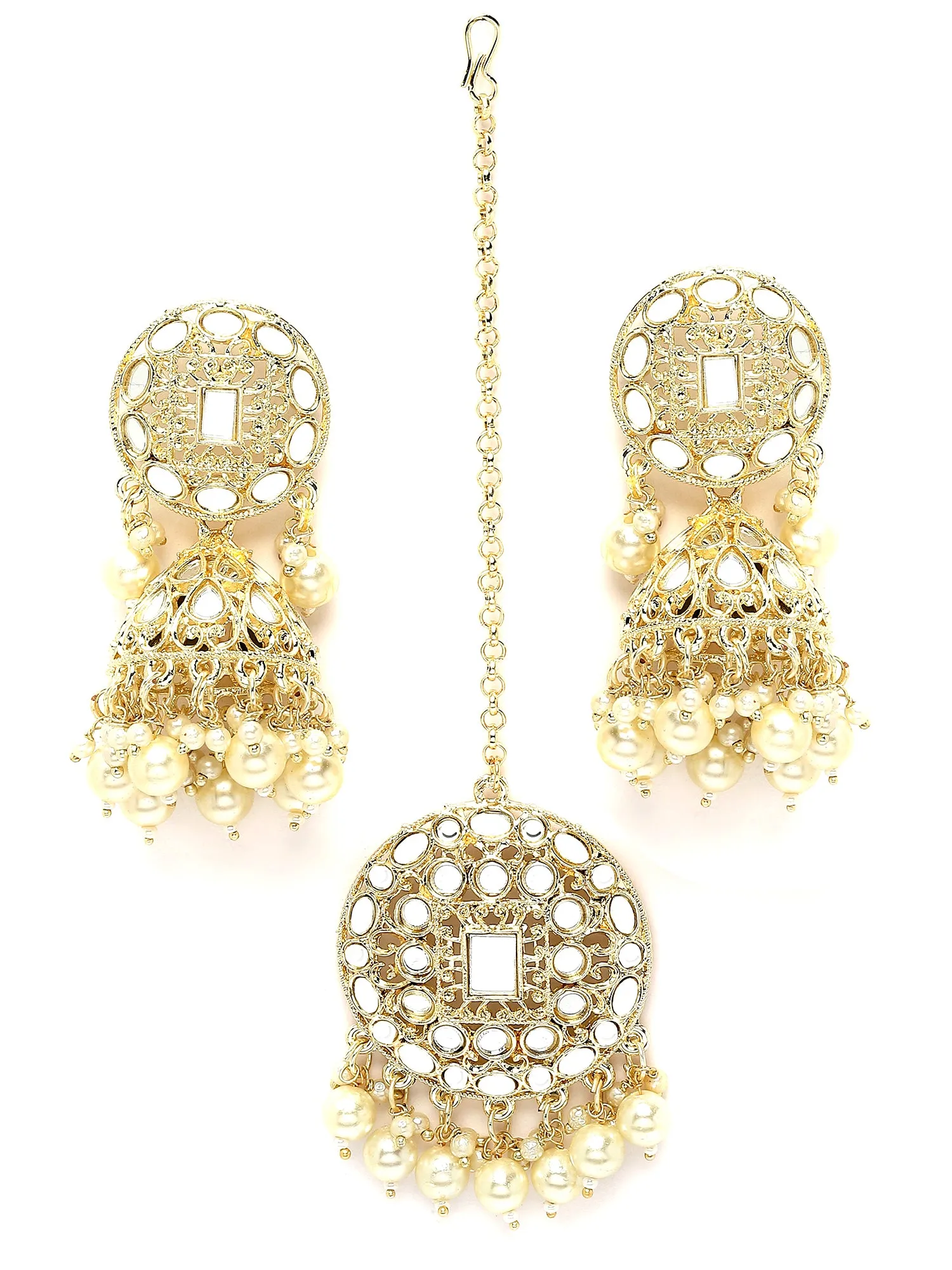 Karatcart Gold Plated Mirror and Pearl Studded Round Jhumki Earring and Maangtikka Set