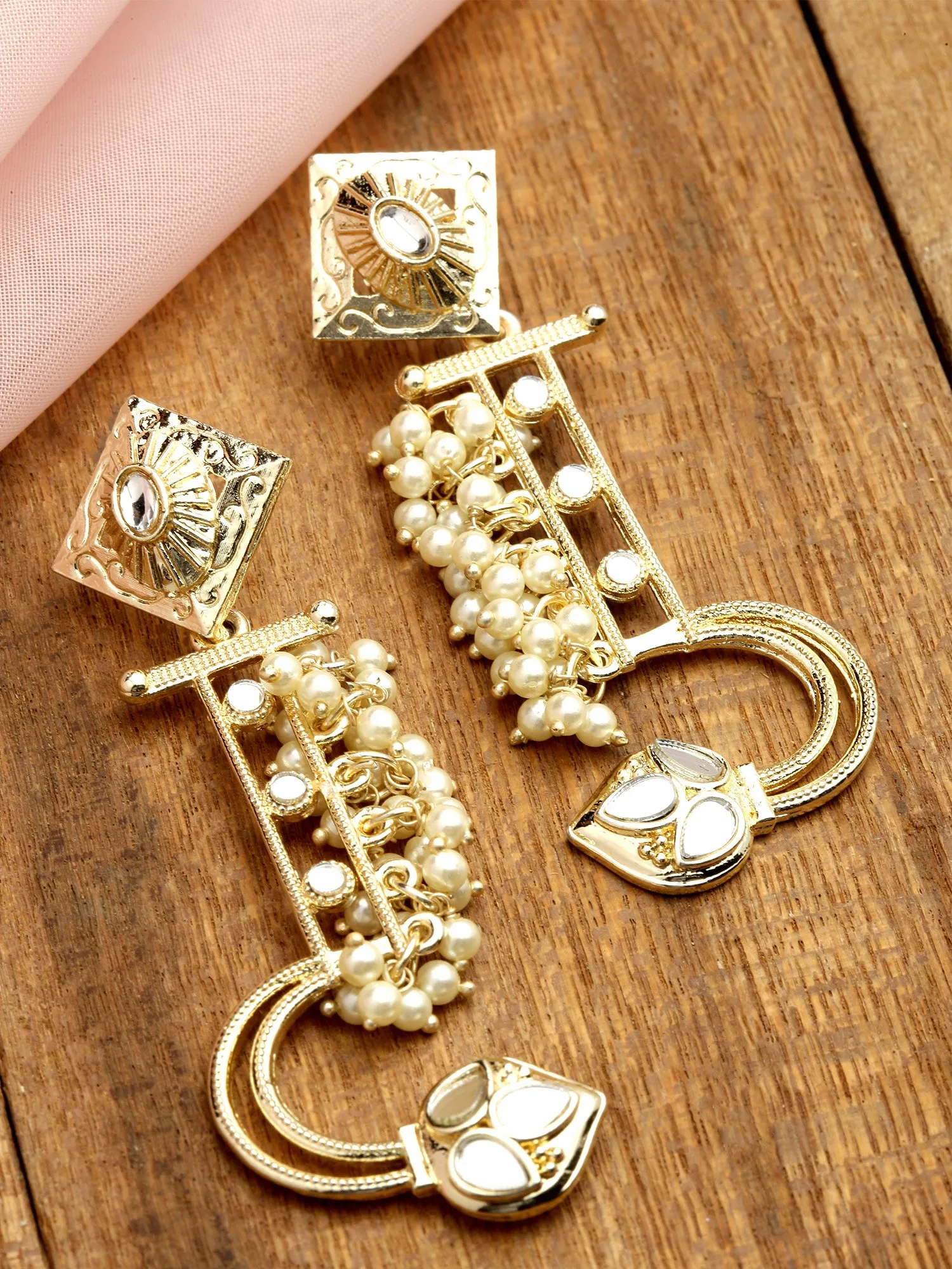 Karatcart Gold Plated Mirror Studded Pearl Dangler Earrings for Women