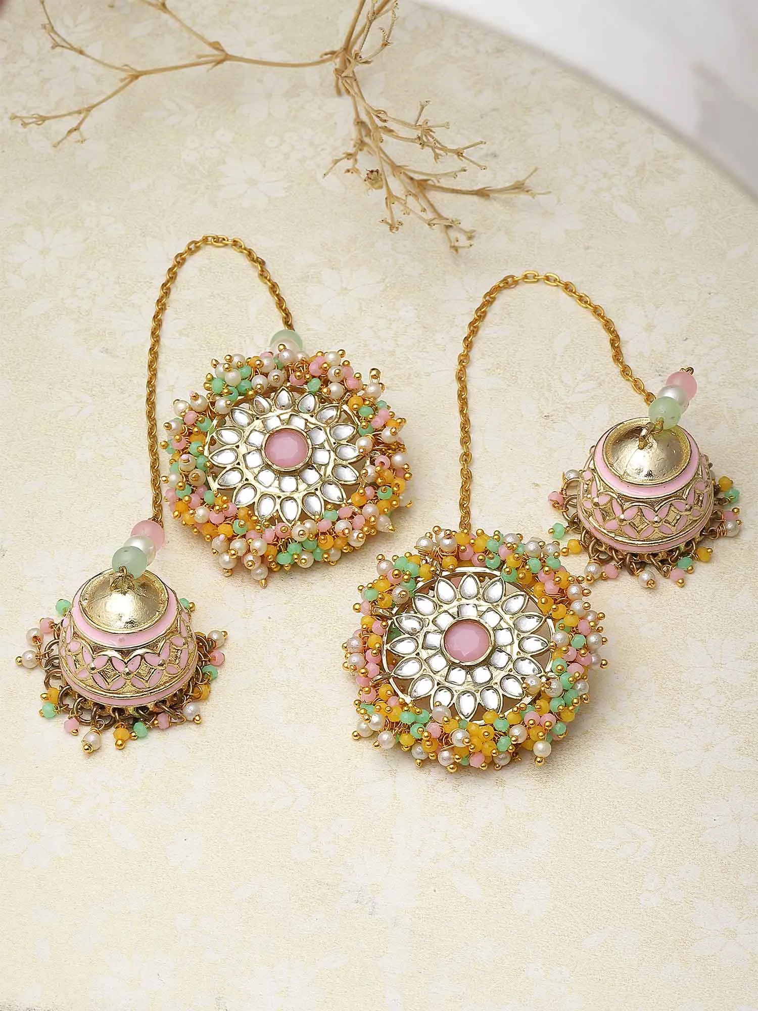 Karatcart Gold Plated Multicolor Crystal Studded Kundan Kaanchain Jhumki Earrings