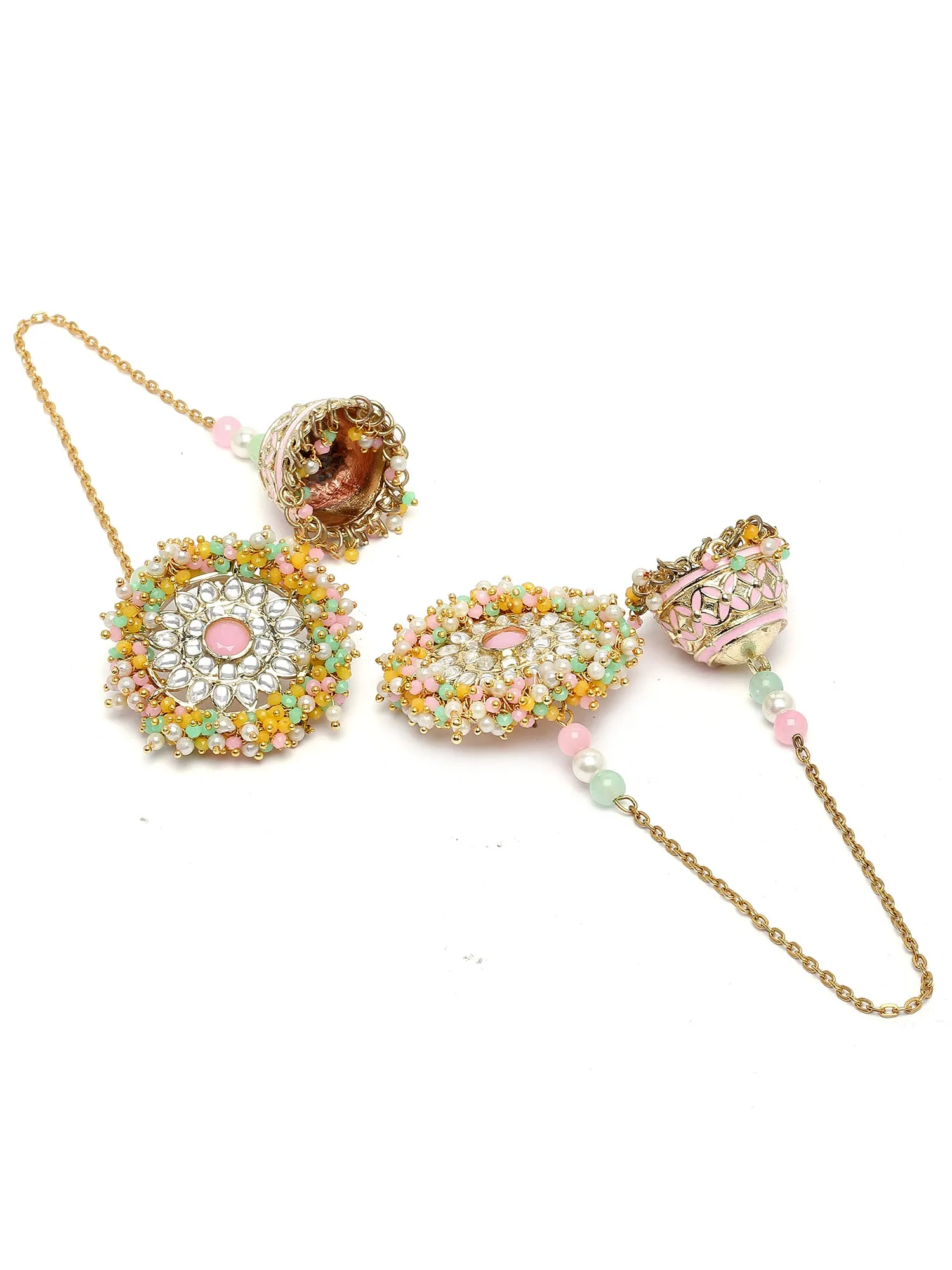 Karatcart Gold Plated Multicolor Crystal Studded Kundan Kaanchain Jhumki Earrings