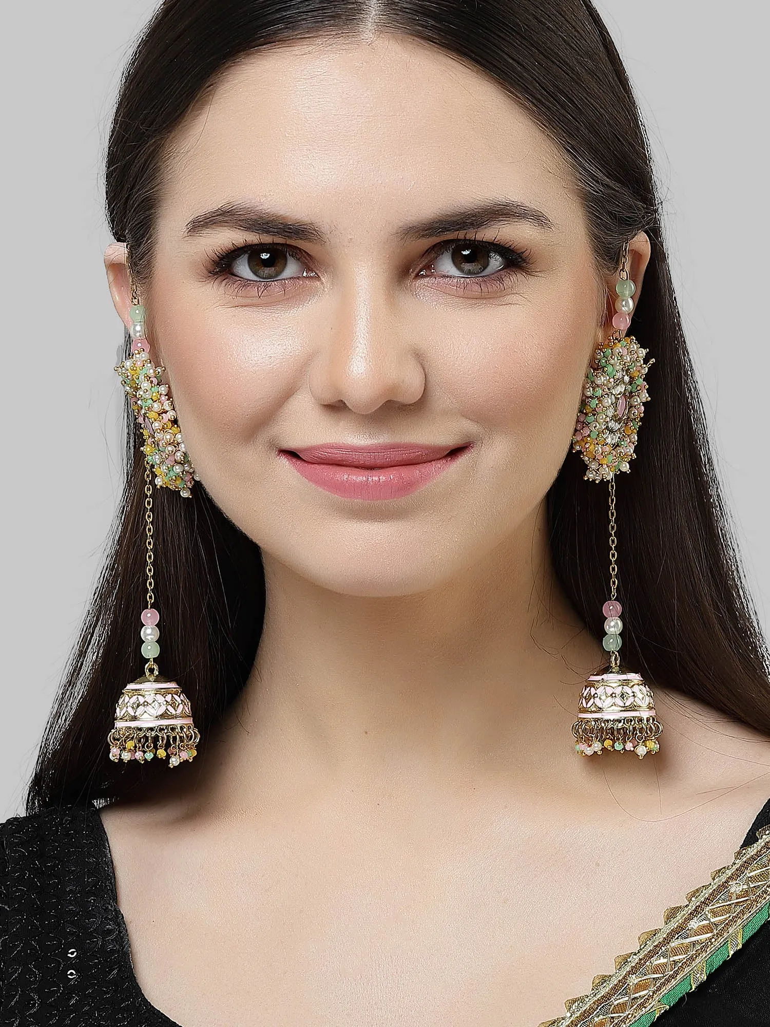 Karatcart Gold Plated Multicolor Crystal Studded Kundan Kaanchain Jhumki Earrings