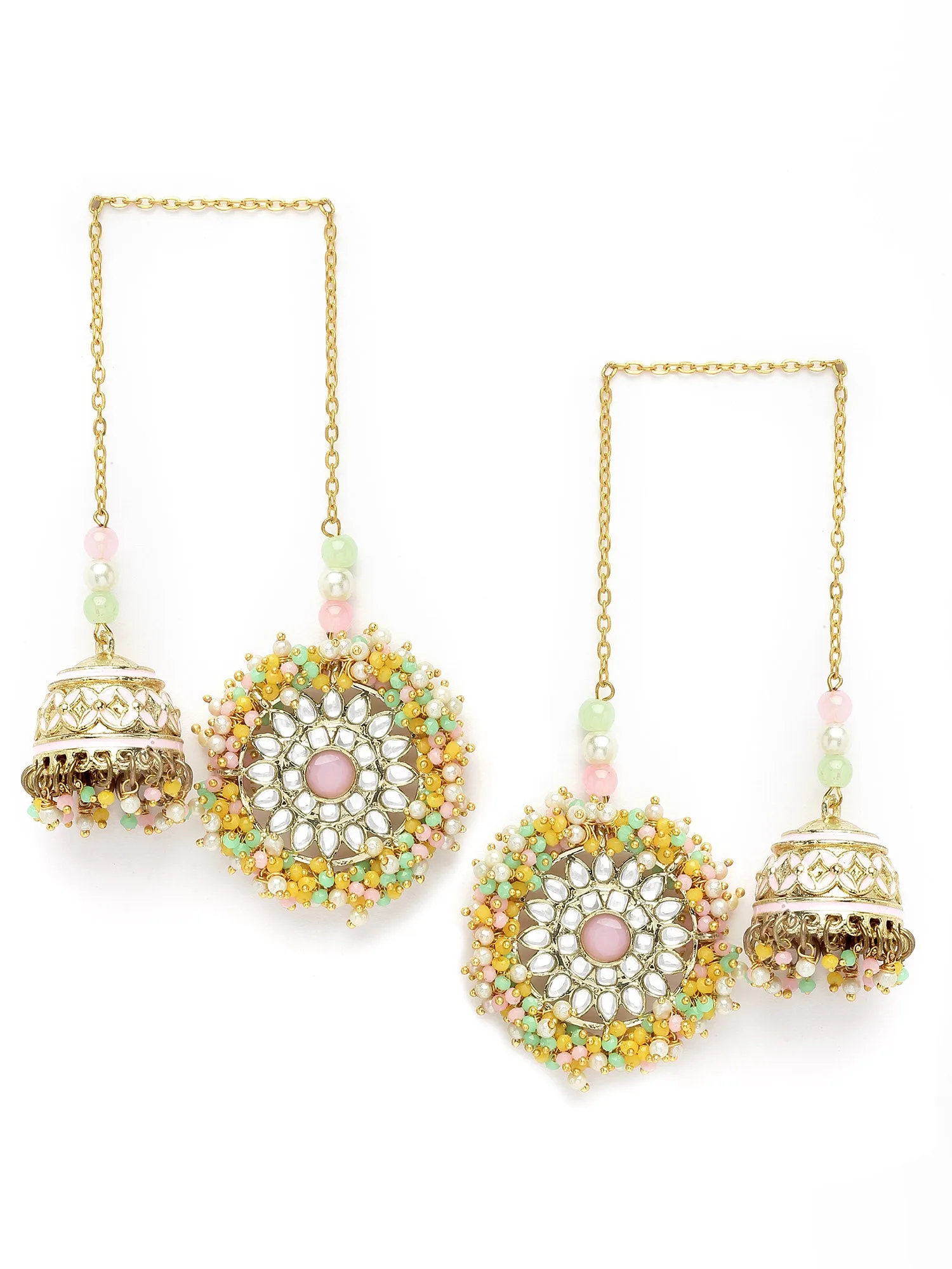 Karatcart Gold Plated Multicolor Crystal Studded Kundan Kaanchain Jhumki Earrings