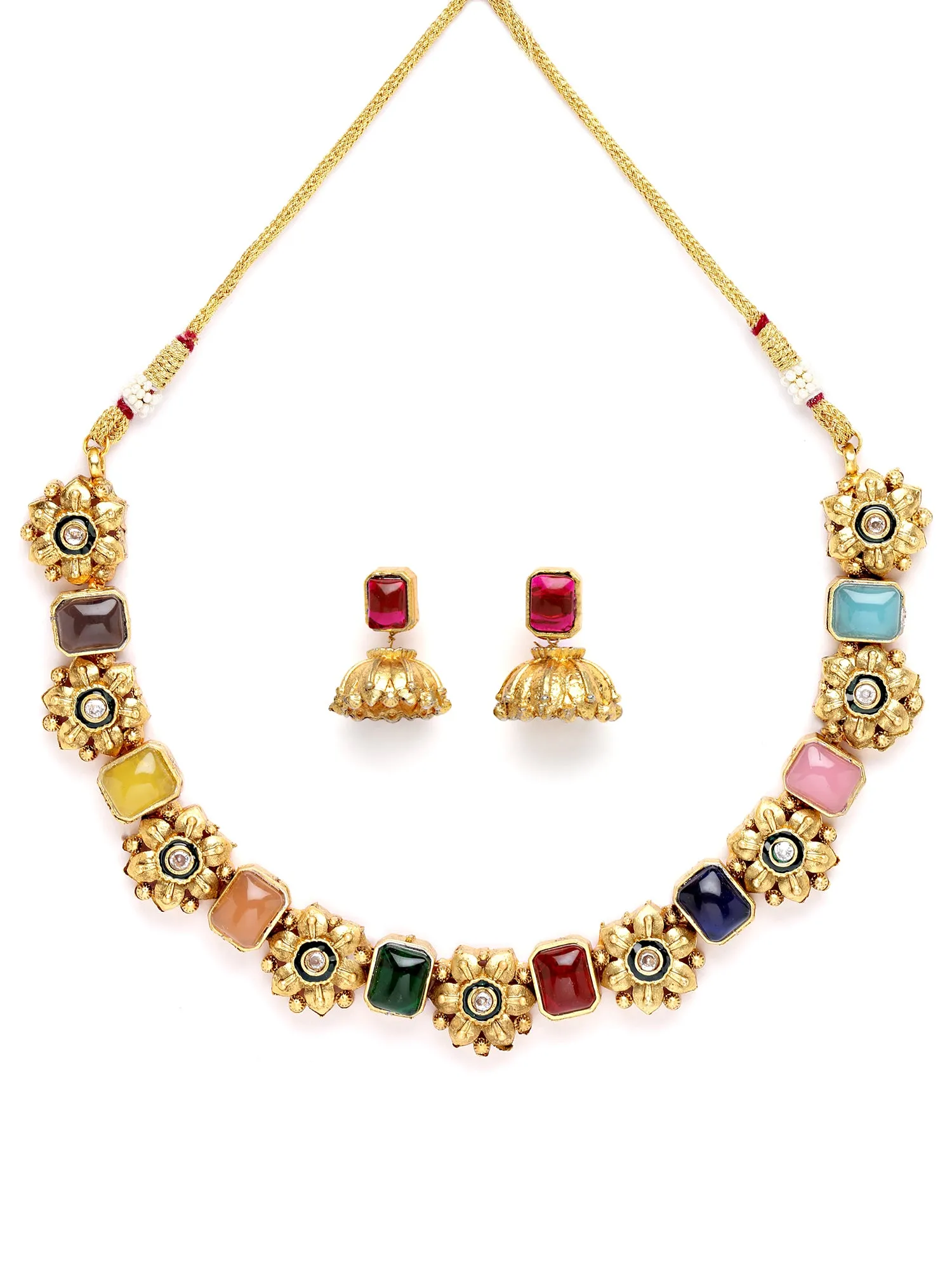 Karatcart Gold Plated Multicolor Stones Studded Floral Design Necklace Set