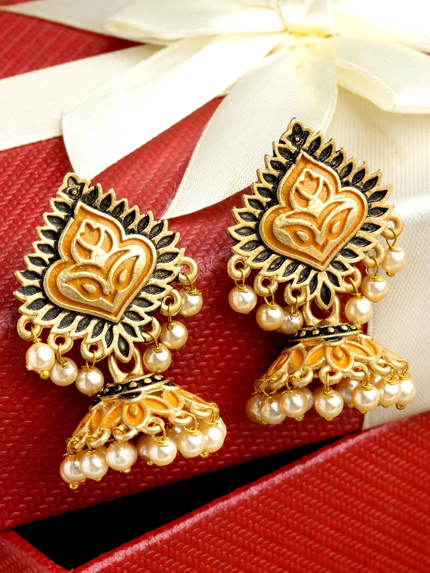 Karatcart Gold Plated Mustard Meena Jhumki Earrings for Women