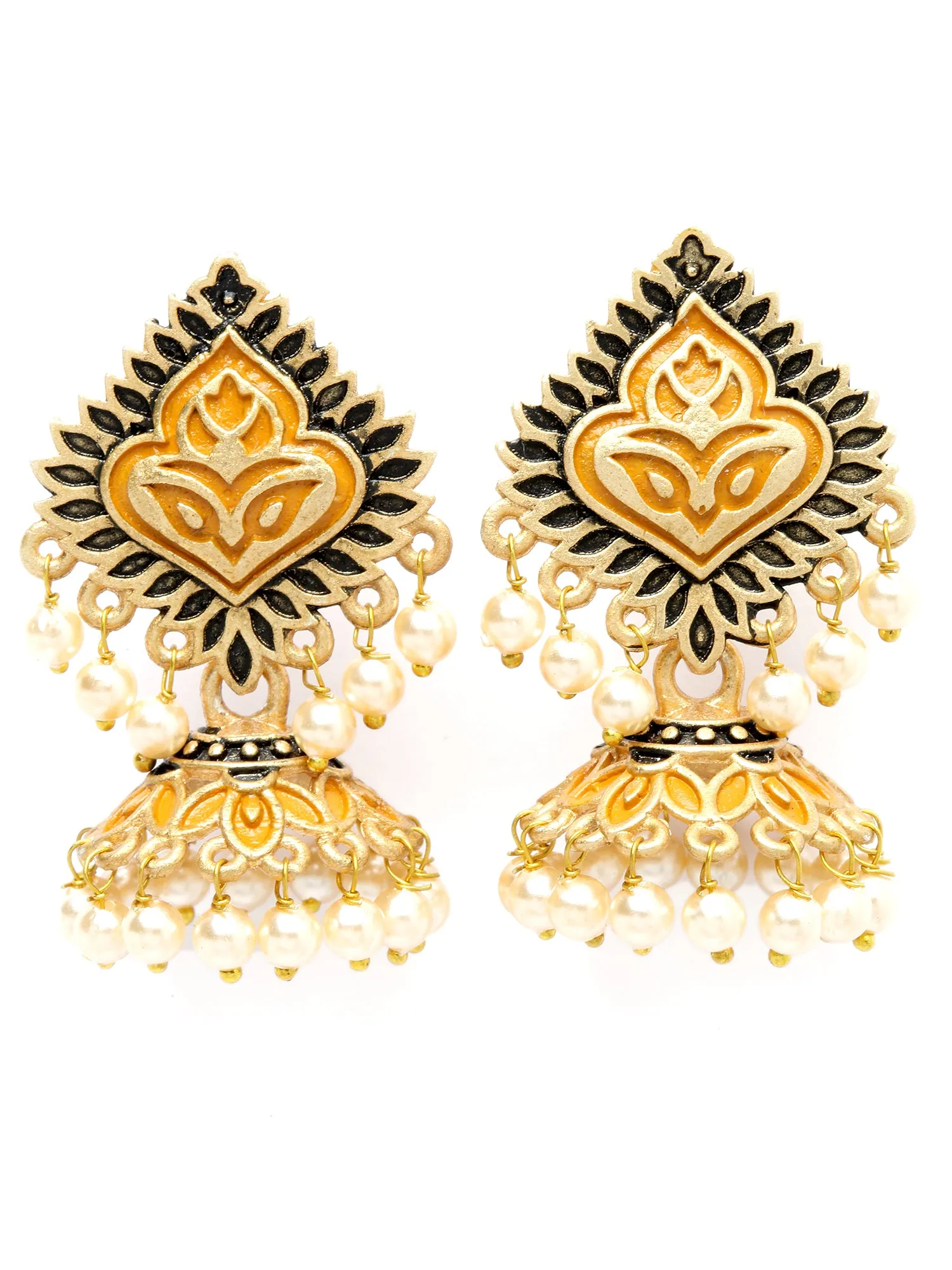 Karatcart Gold Plated Mustard Meena Jhumki Earrings for Women