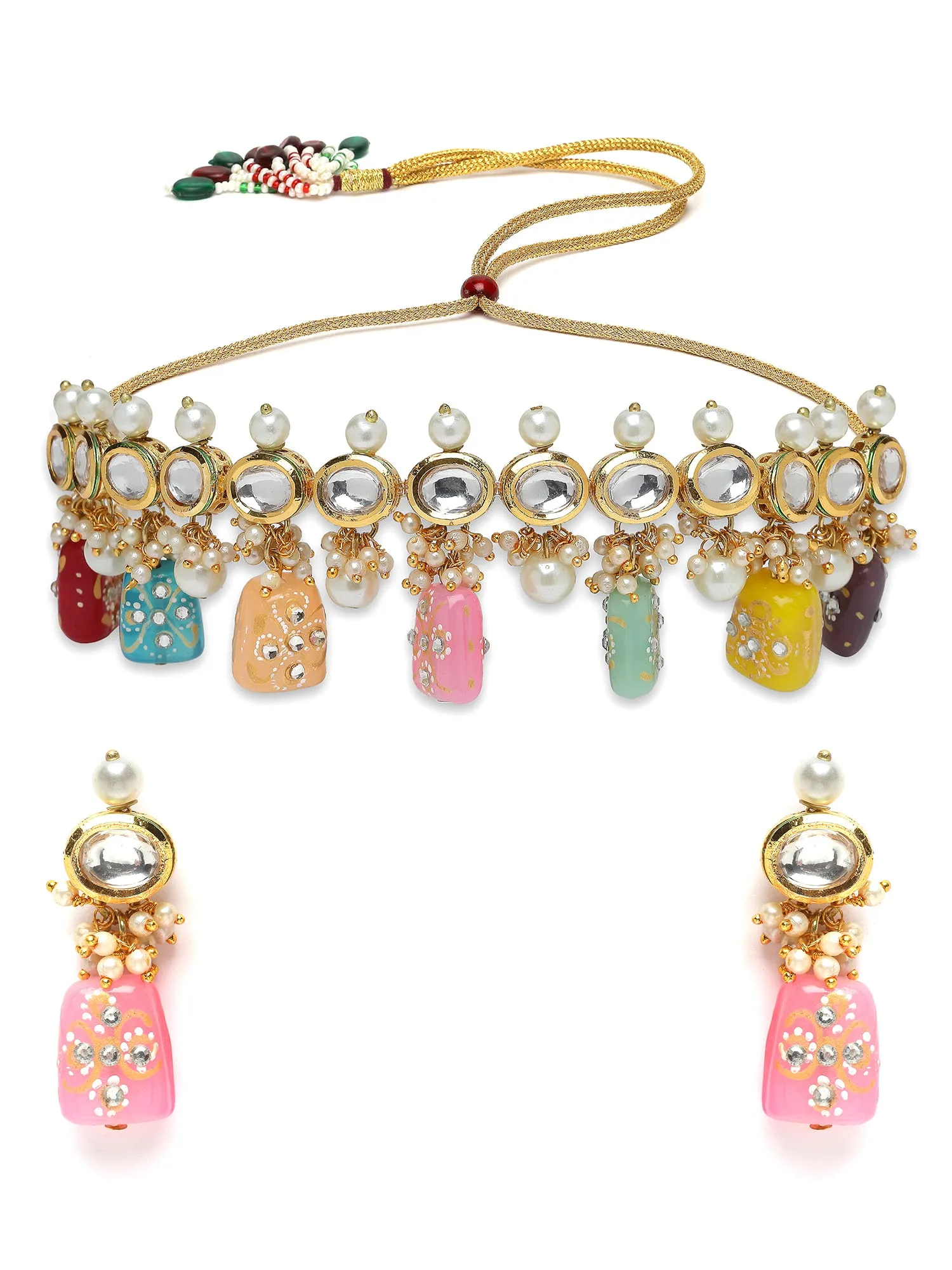 Karatcart Gold Plated Nav-ratan Tumble Polki Kundan Choker Necklace Set for Women