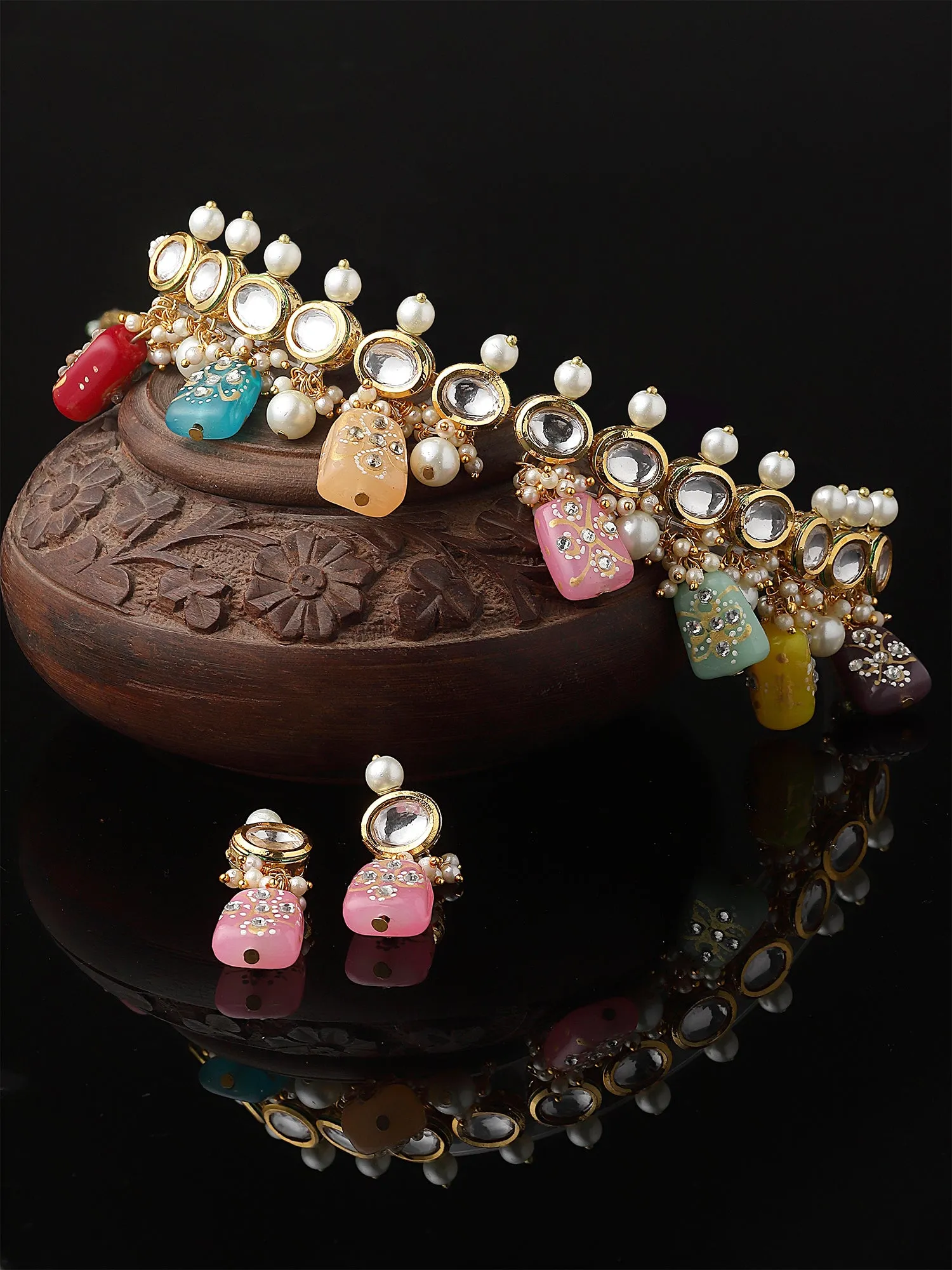 Karatcart Gold Plated Nav-ratan Tumble Polki Kundan Choker Necklace Set for Women