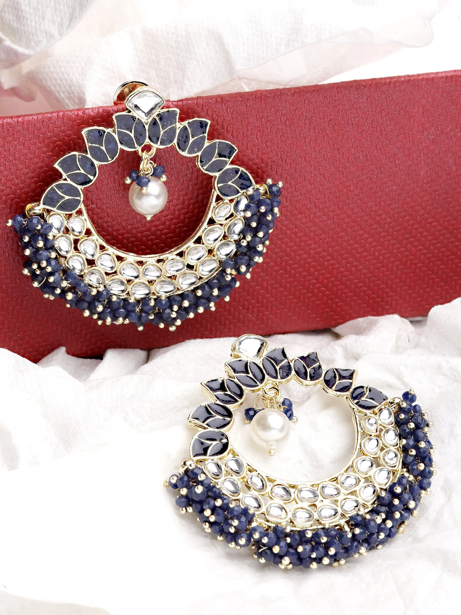 Karatcart Gold Plated Navy Blue Meena and Crystal Studded Kundan Hoop Earrings for Women