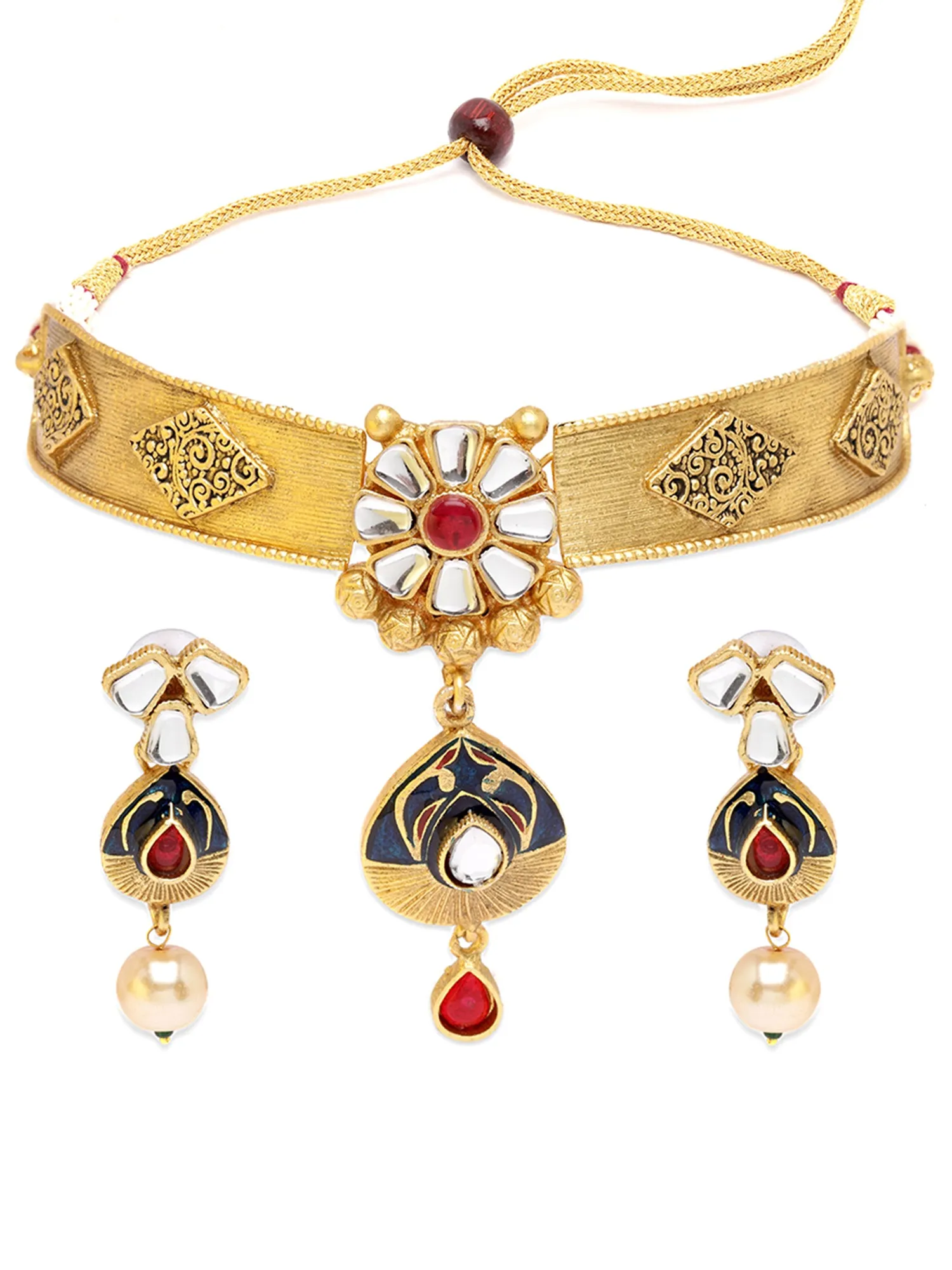 Karatcart Gold Plated Navy Blue Meena Tribal Choker Necklace Set