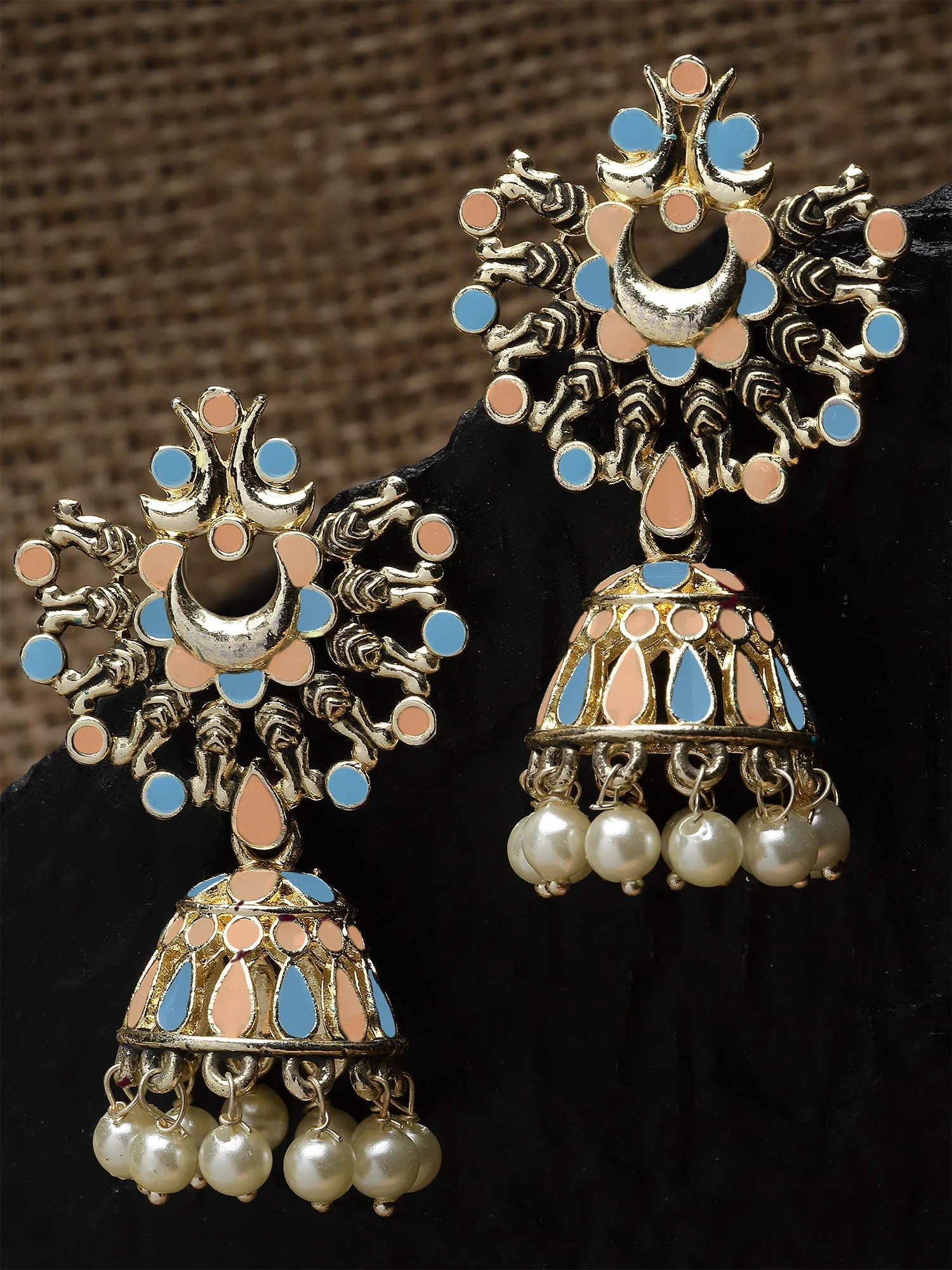 Karatcart Gold Plated Peach and Light Blue Meena Jhumki Earrings for Women