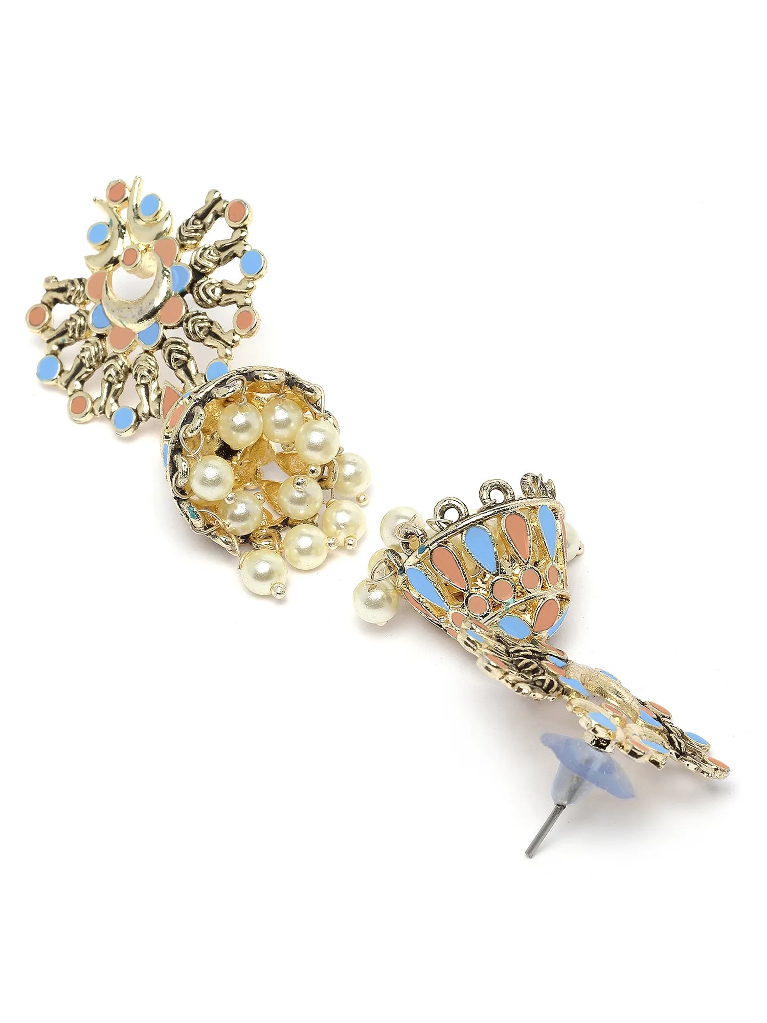 Karatcart Gold Plated Peach and Light Blue Meena Jhumki Earrings for Women